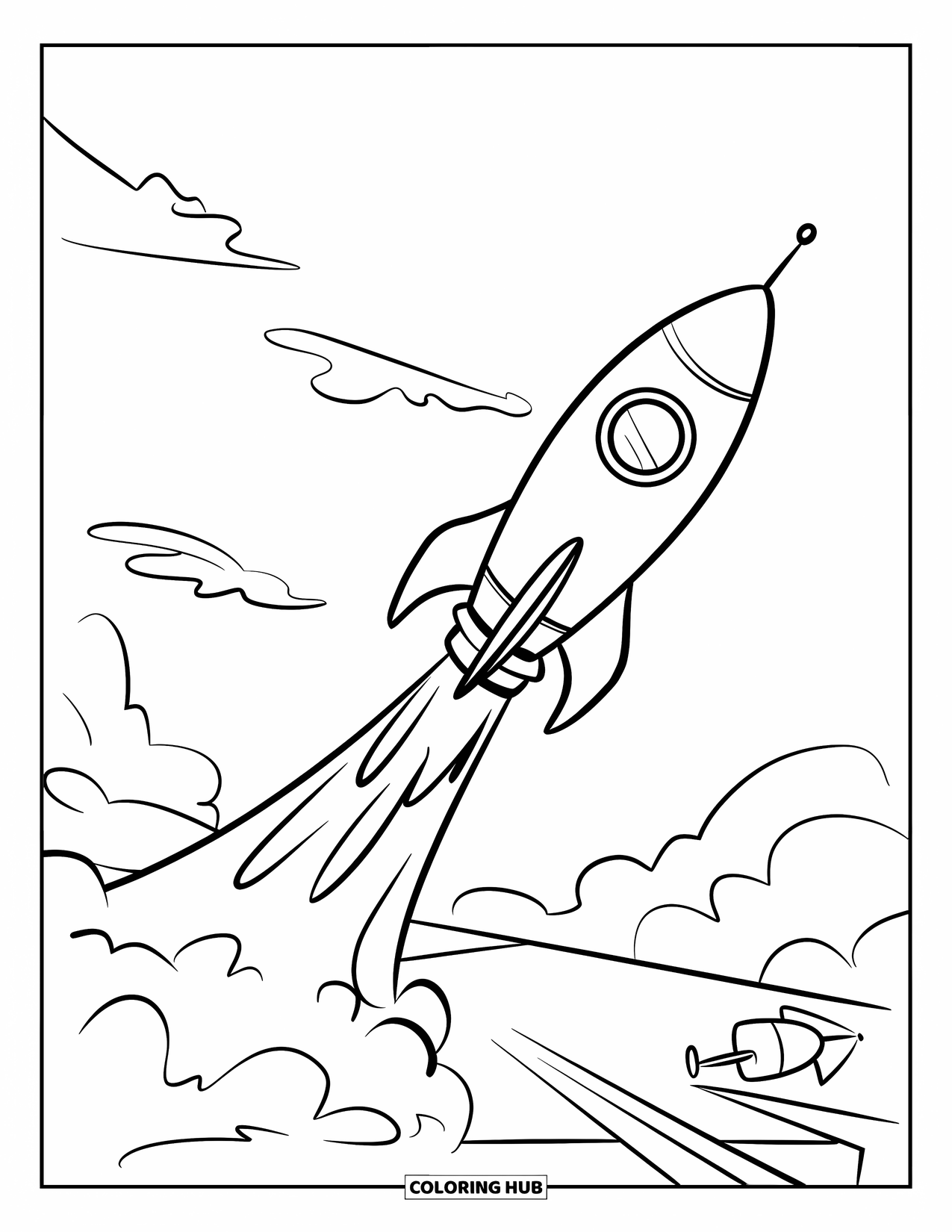 Coloriage de fusée pour enfants : Une fusée décollant d'une aire de lancement, avec de la fumée gonflée s'élevant autour d'elle