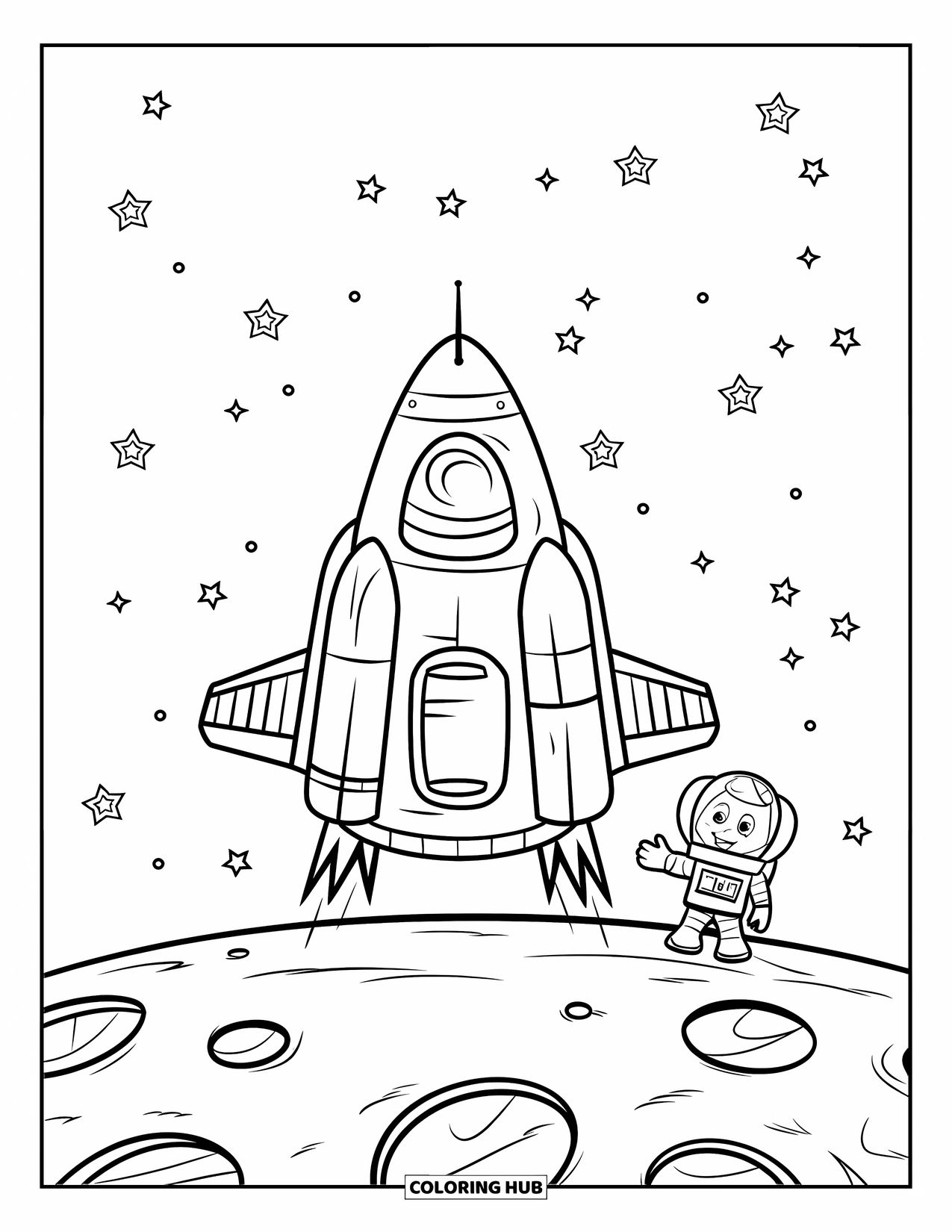 Coloriage de fusée pour enfants : Une fusée atterrissant sur la lune, entourée de cratères et d'étoiles