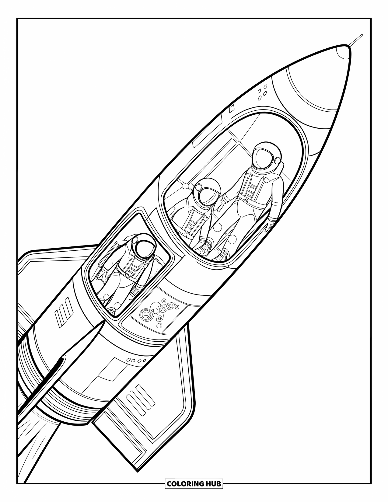 Coloriage de fusée pour enfants : Une fusée avec une vue de cockpit ouverte, montrant des astronautes et des panneaux de commande à l'intérieur