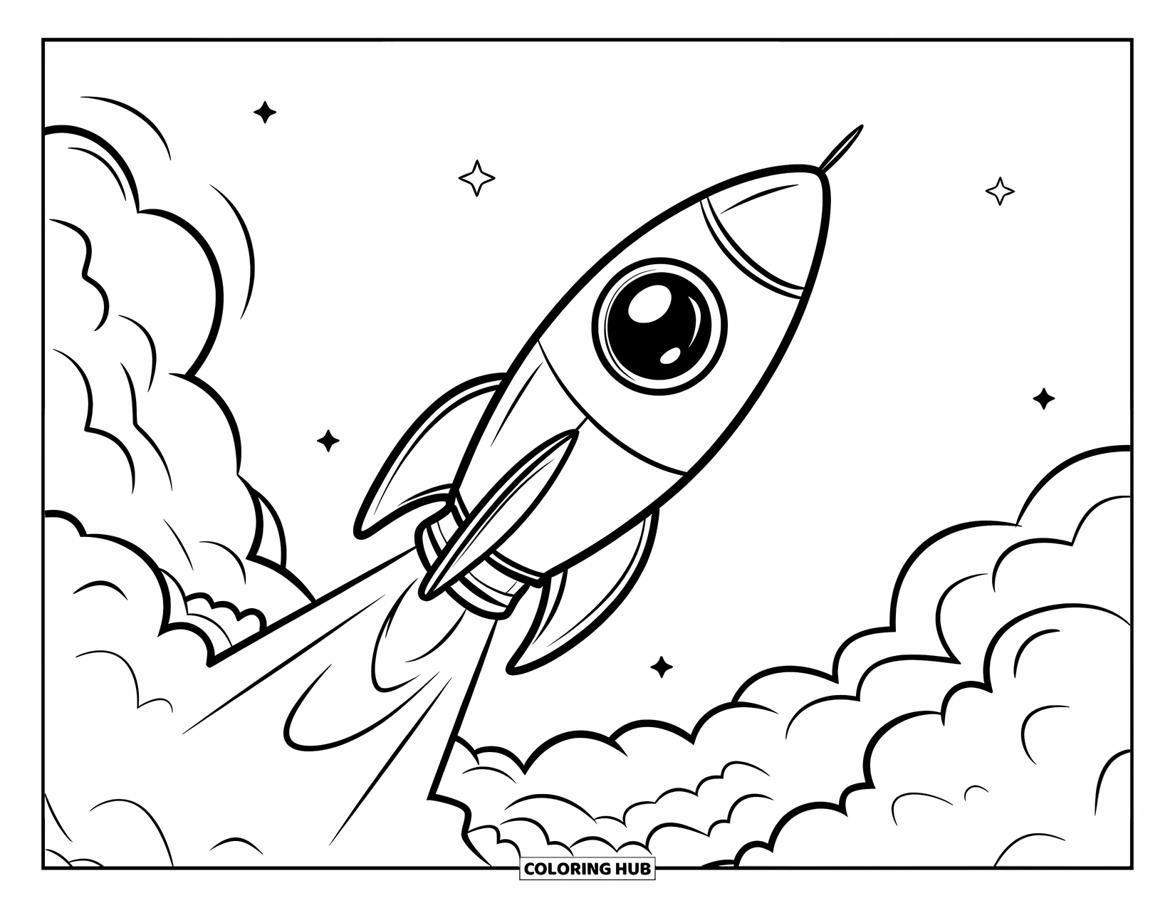 Coloriage de fusée pour enfants : Une fusée arrondie s'élevant vers le haut avec de gros nuages en dessous
