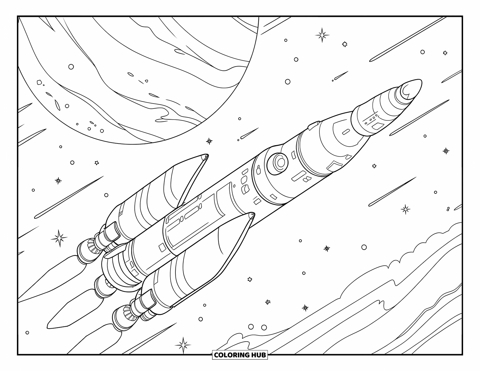 Coloriage de fusée pour enfants : Une fusée blindée avec des propulseurs s'élevant dans l'espace vers une planète lointaine