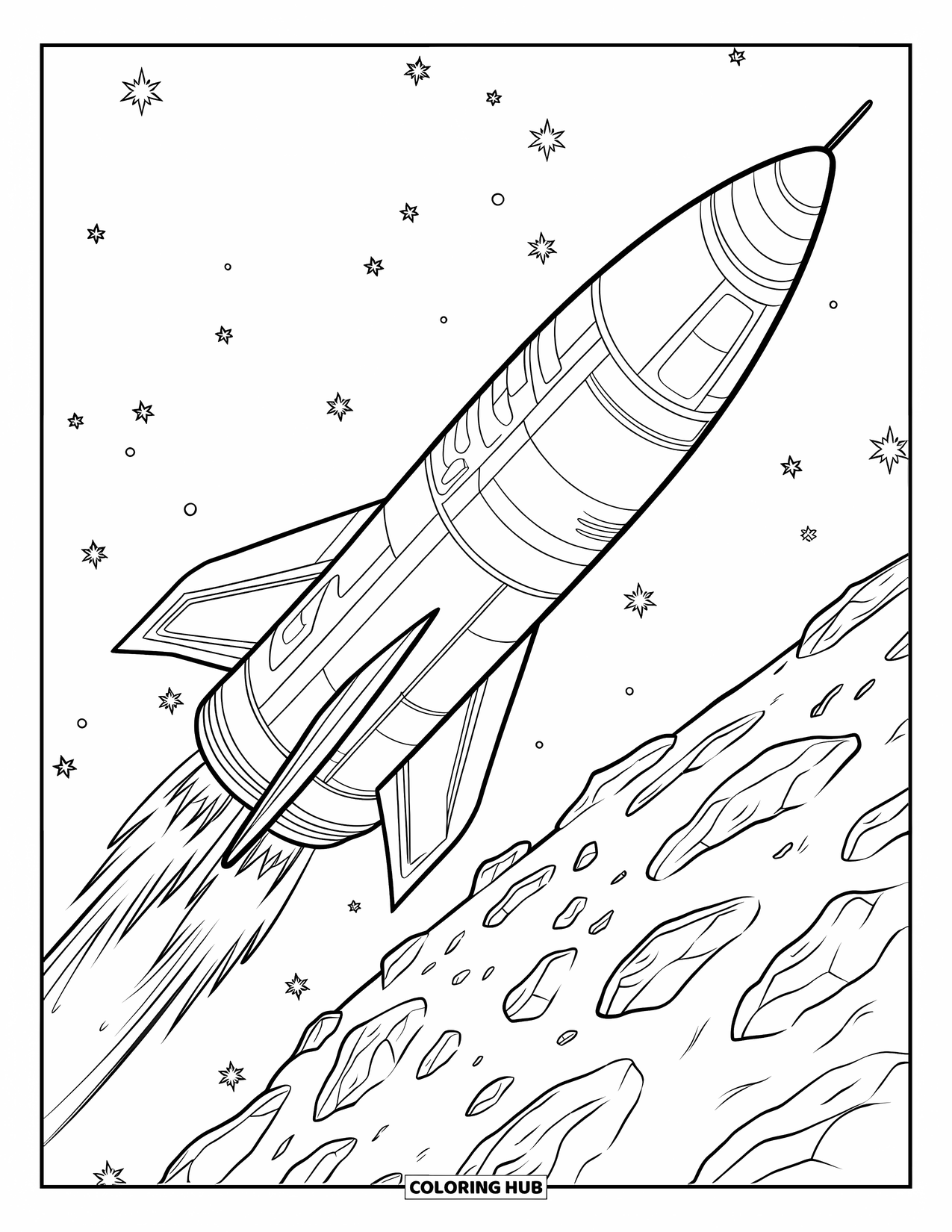 Coloriage de fusée pour enfants : Une fusée élégante et futuriste survolant une ceinture d'astéroïdes massive dans l'espace lointain