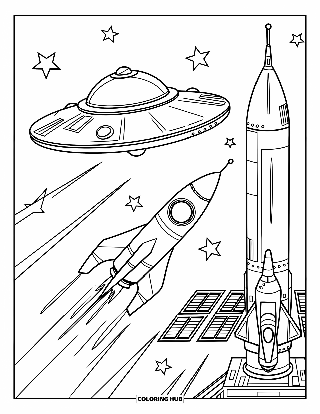 Coloriage de fusée pour enfants : Une scène d'aventure spatiale avec une fusée, une soucoupe volante et une station spatiale futuriste