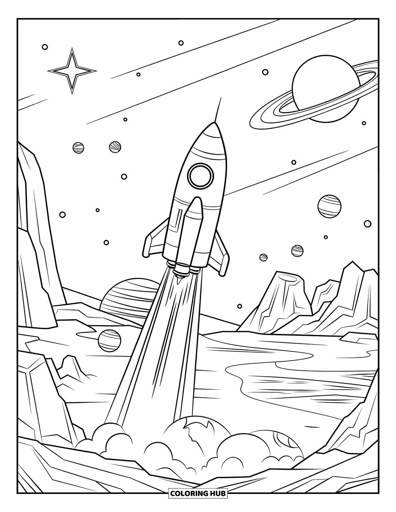 Coloriage de fusée pour enfants : Une scène d'exploration spatiale avec une fusée atterrissant sur une planète avec des orbes flottantes