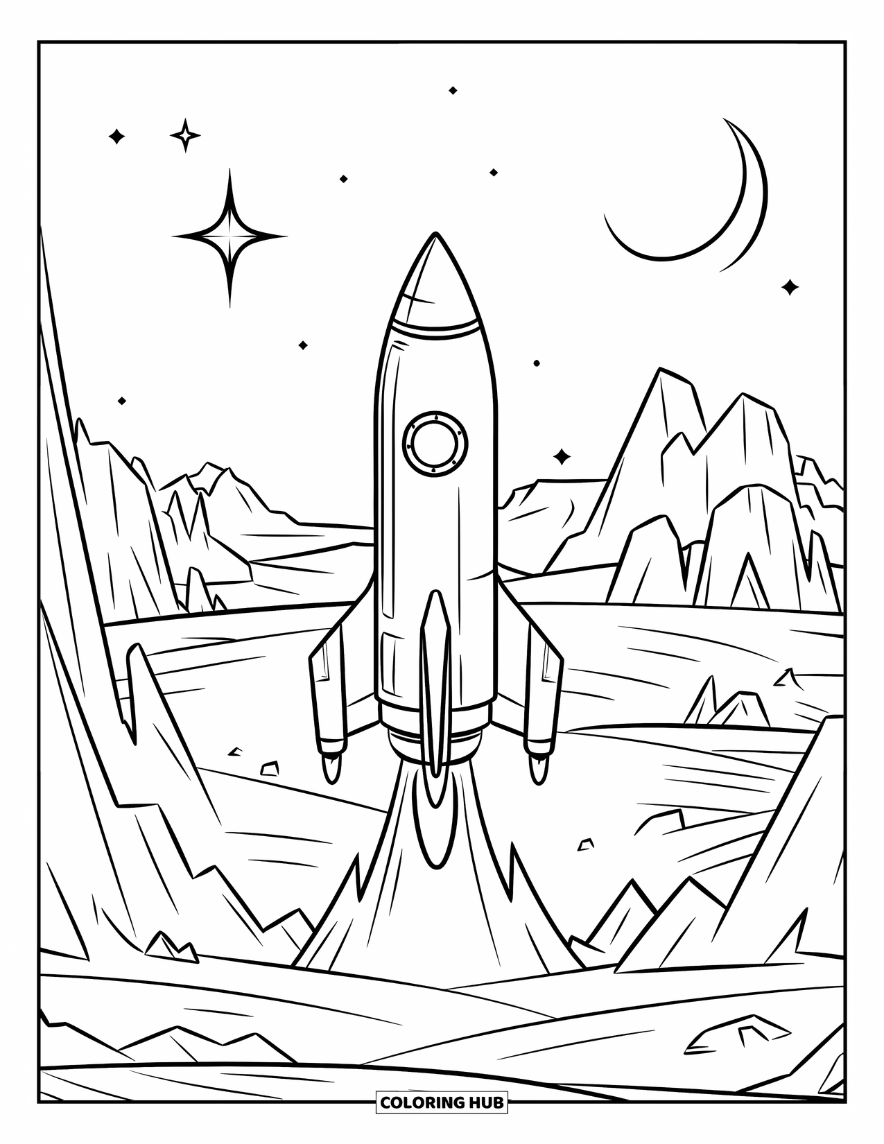 Coloriage de fusée pour enfants : Un vaisseau spatial descendant sur un monde extraterrestre rocheux avec des montagnes imposantes