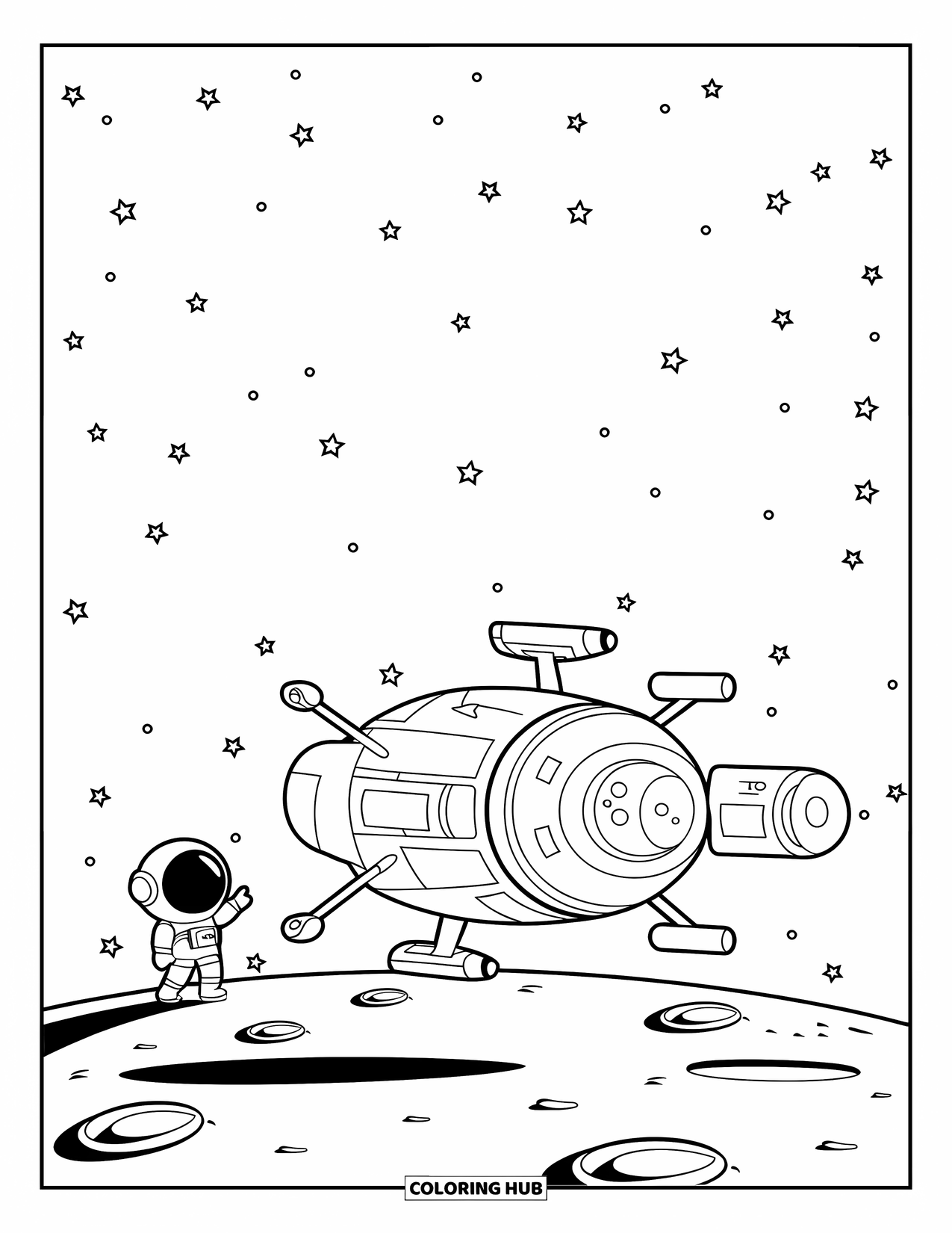 Coloriage de fusée pour enfants : Un vaisseau spatial atterrissant sur la lune avec un astronaute saluant le ciel étoilé