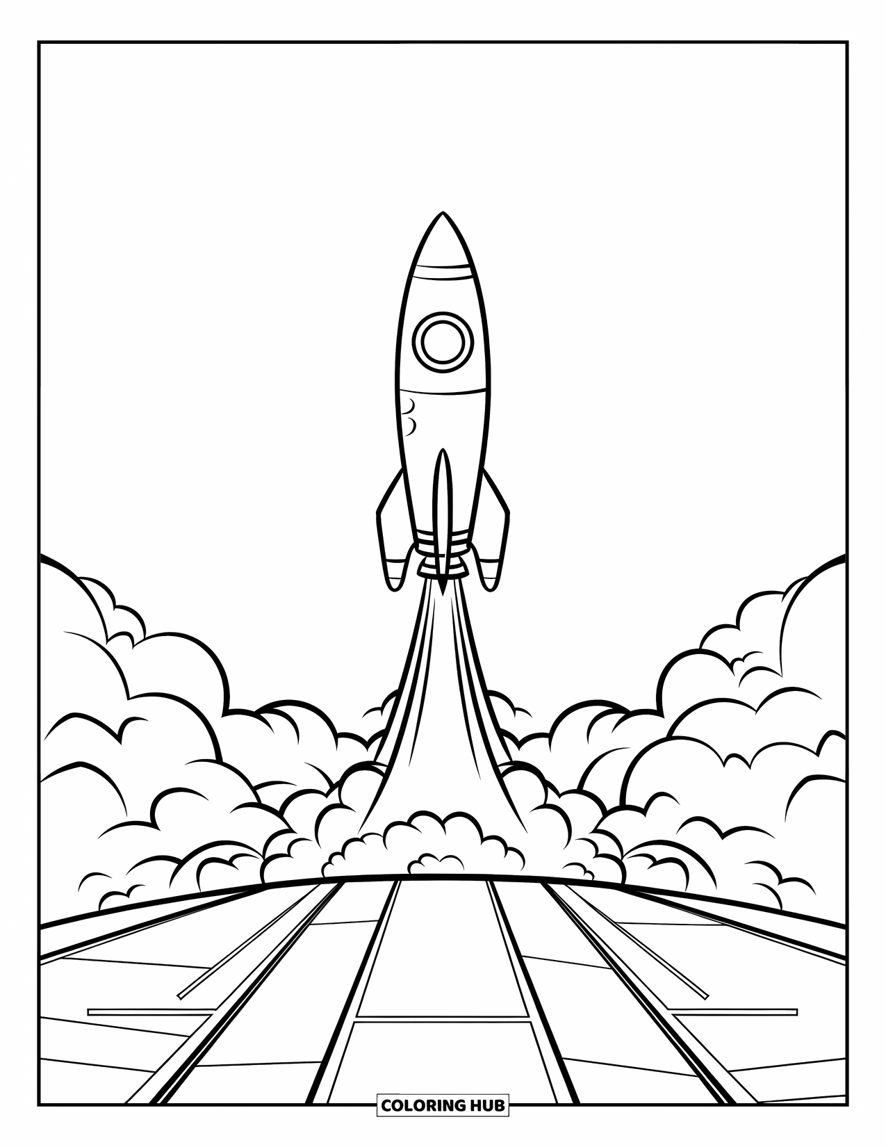 Coloriage de fusée pour enfants : Un vaisseau spatial se lançant depuis une surface plane, laissant derrière lui une longue traînée de fumée