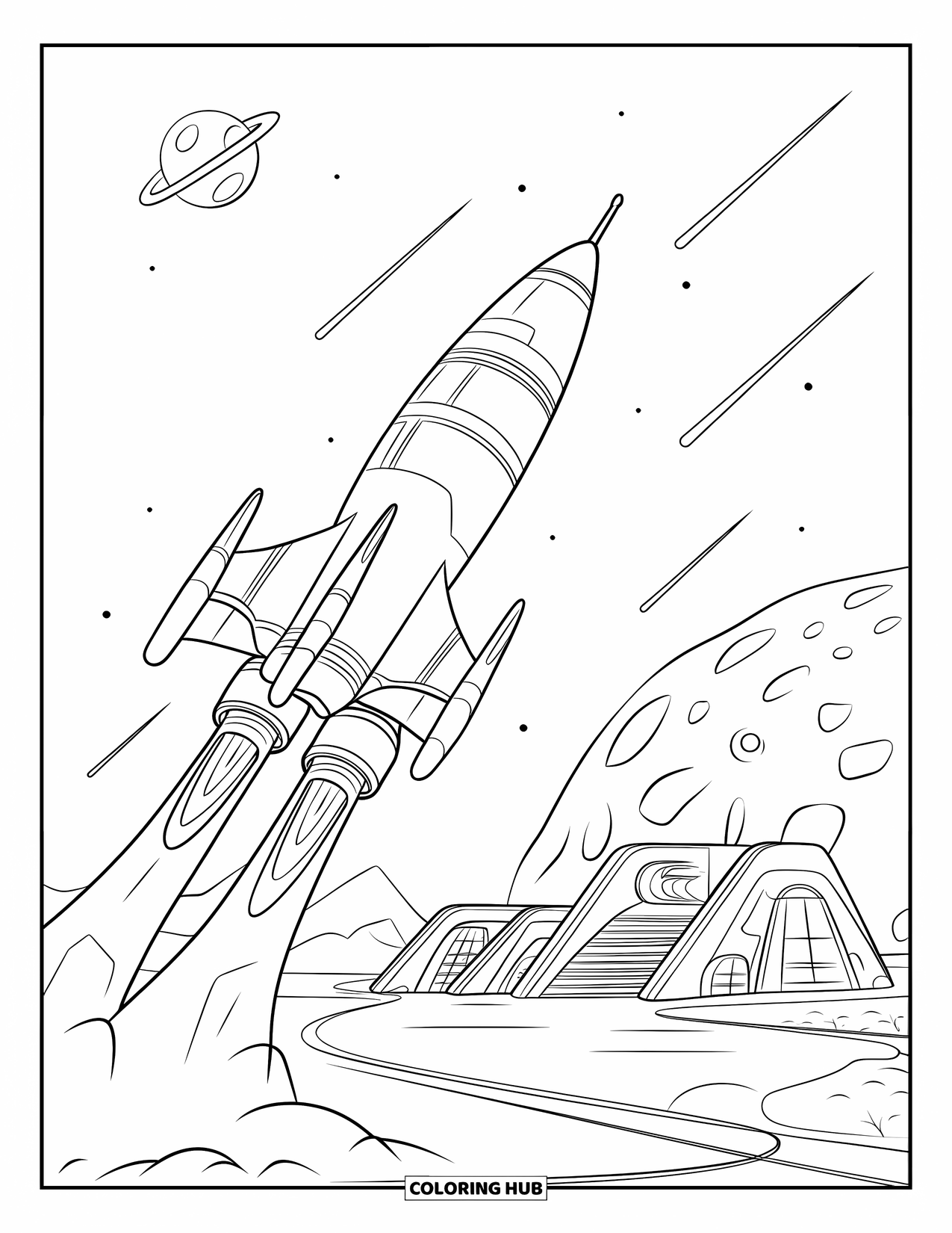 Coloriage de fusée pour enfants : Un vaisseau spatial décollant d'un astéroïde cratérisé, entouré de minuscules planètes