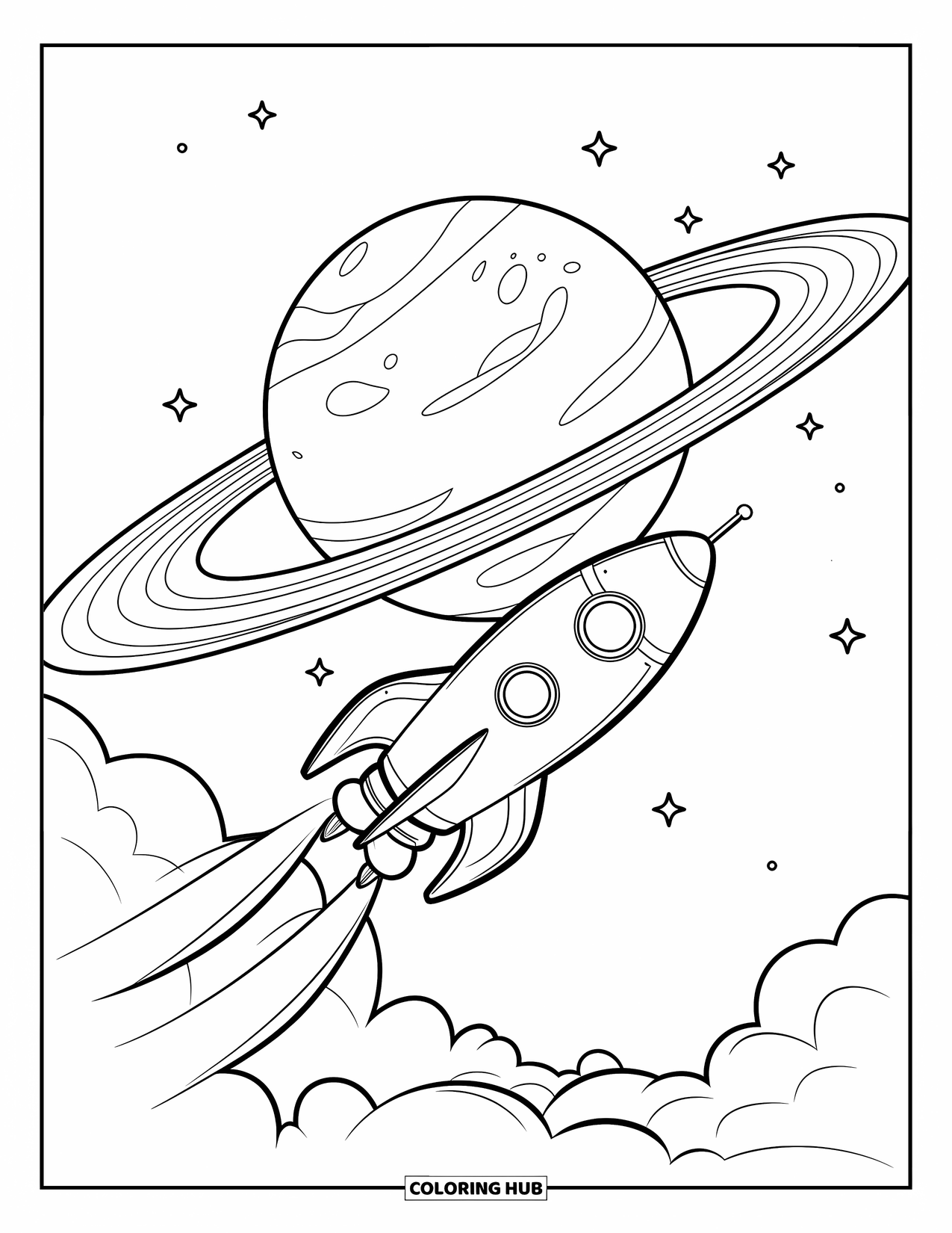 Coloriage de fusée pour enfants : Un vaisseau spatial dépassant une planète géante avec des anneaux tourbillonnants et des nuages gonflés traînant derrière