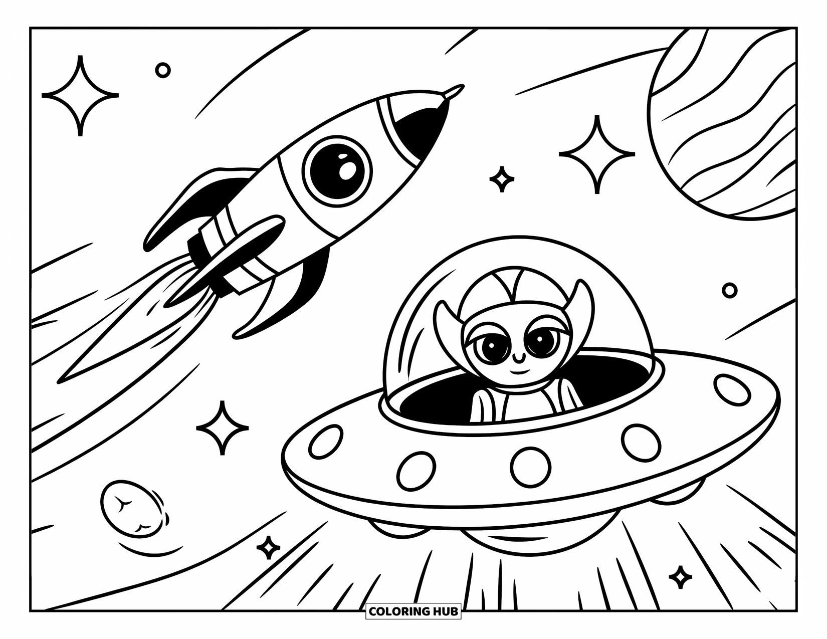 Coloriage de fusée pour enfants : Un vaisseau spatial dépassant un extraterrestre qui fait signe de la main dans un OVNI à fenêtre ronde