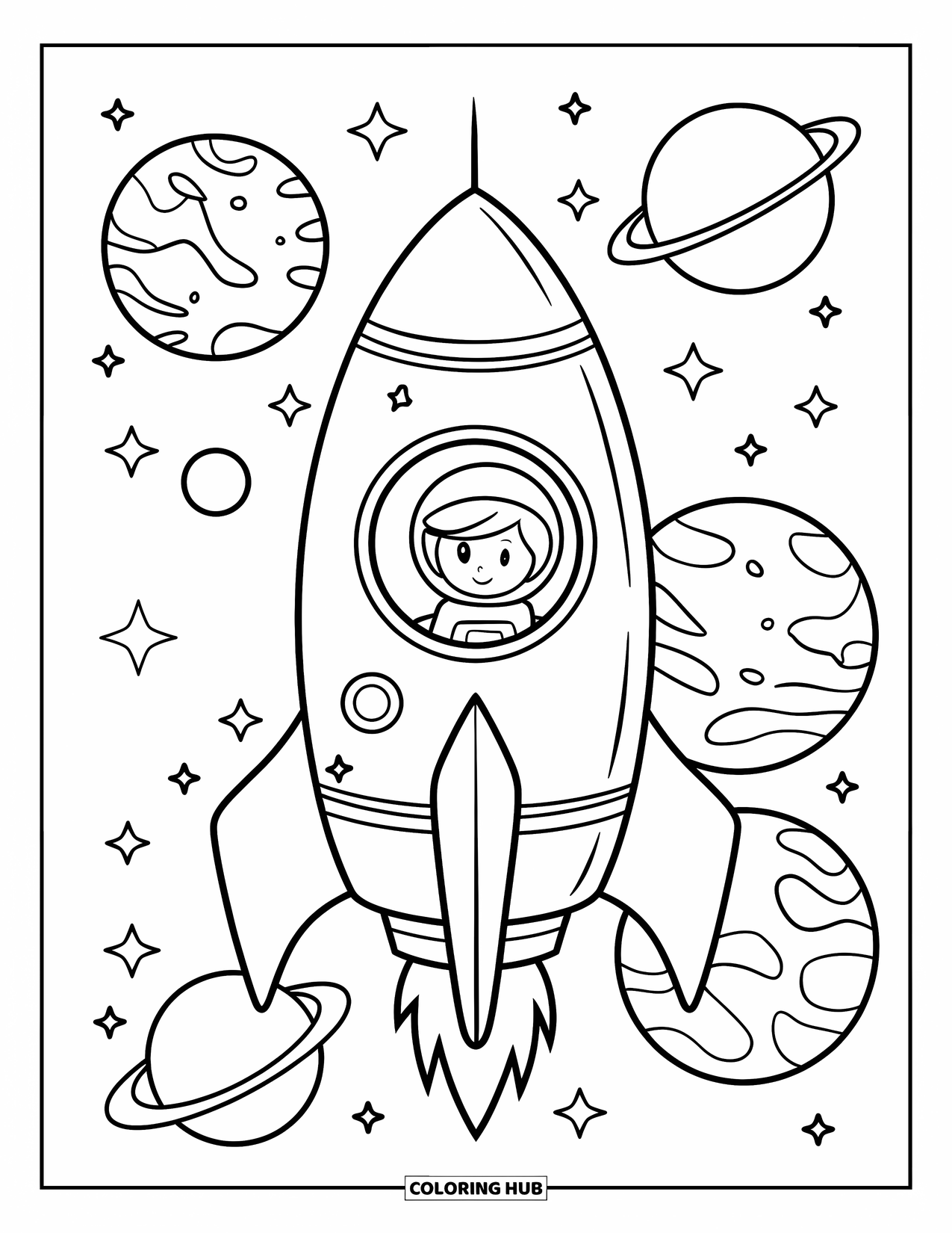 Coloriage de fusée pour enfants : Un vaisseau spatial avec une fenêtre ronde, dérivant dans l'espace avec des étoiles scintillantes
