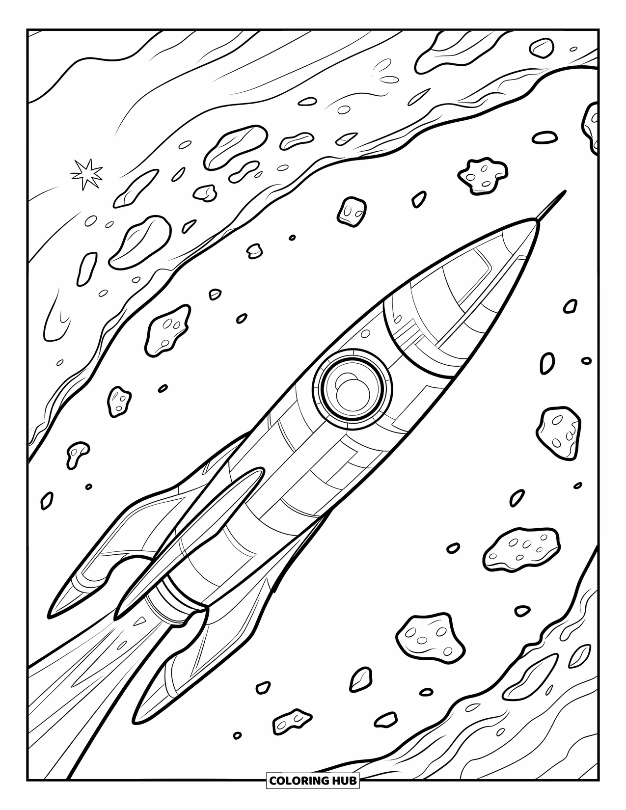 Coloriage de fusée pour enfants : Un vaisseau spatial avec des panneaux complexes naviguant à travers un champ d'astéroïdes flottants