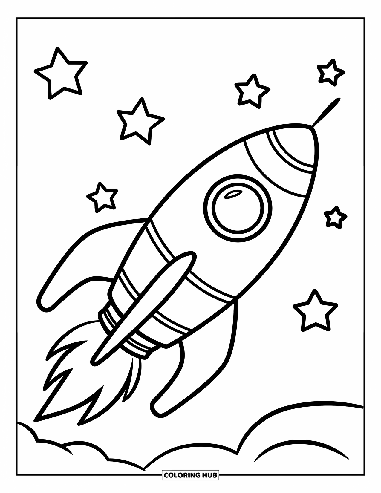 Coloriage de fusée pour enfants : Un vaisseau spatial avec trois ailerons et une flamme, glissant dans un ciel étoilé