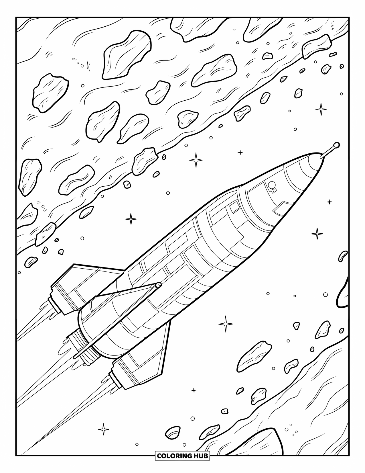 Coloriage de fusée pour enfants : Une fusée profilée évitant de grands cratères et des astéroïdes déchiquetés dans l'espace