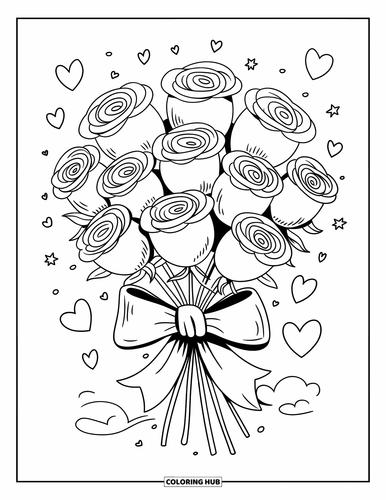 Desen de colorat cu trandafir pentru adulți: Un buchet de trandafiri din baloane plutind pe cer, decorat cu inimioare și steluțe mici