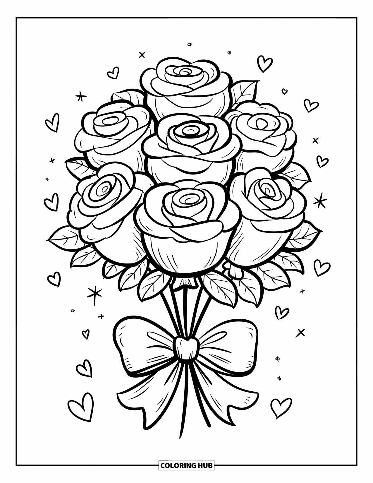 Desen de colorat cu trandafir pentru adulți: Un buchet de trandafiri din baloane care se înalță pe cer, înfășurat într-o panglică jucăușă