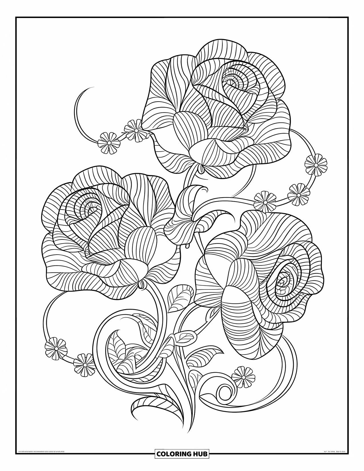 Desen de colorat cu trandafiri pentru adulți: Un trandafir frumos detaliat, inspirat de dantelă, cu accente florale ondulate