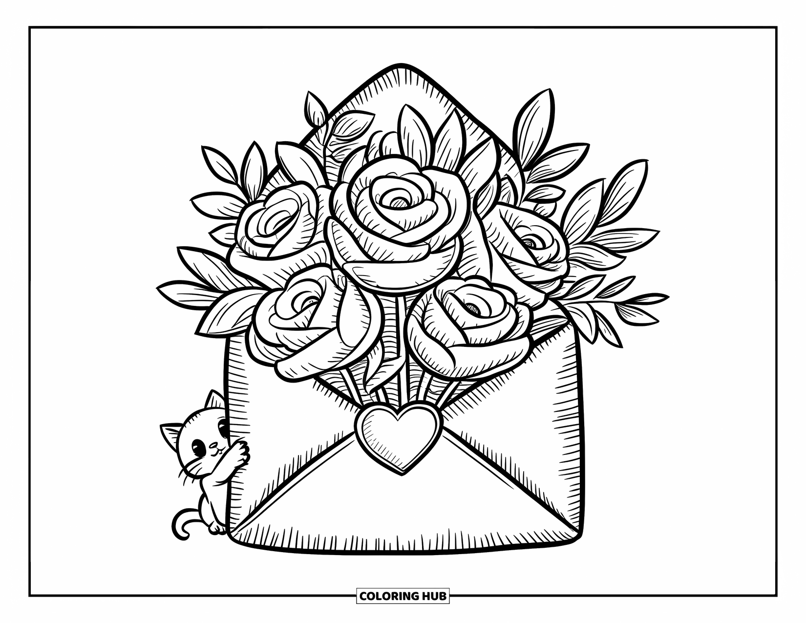 Desen de colorat cu trandafir pentru adulți: Un buchet de trandafiri într-un plic sigilat cu o inimă, cu un pisoi micuț uitându-se de după el