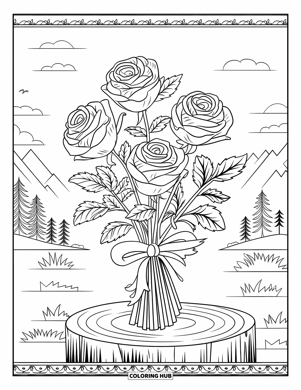 Desen de colorat cu trandafiri pentru adulți: Un buchet de trandafiri sălbatici într-o vază transparentă, înfășurat cu o panglică moale, curgătoare