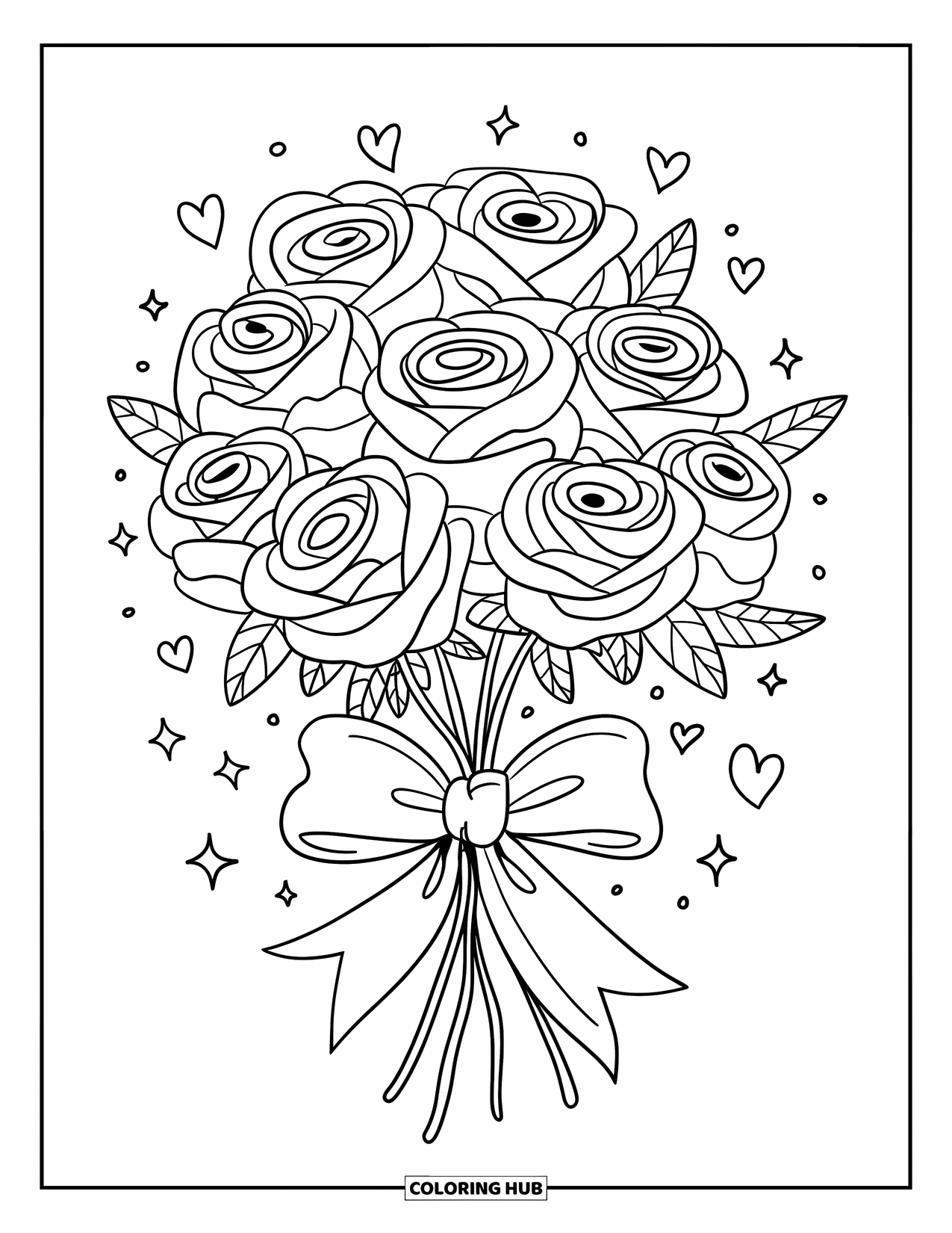 Desen de colorat cu trandafir pentru adulți: Un buchet de trandafiri făcut din baloane, plutind ușor cu o fundă uriașă