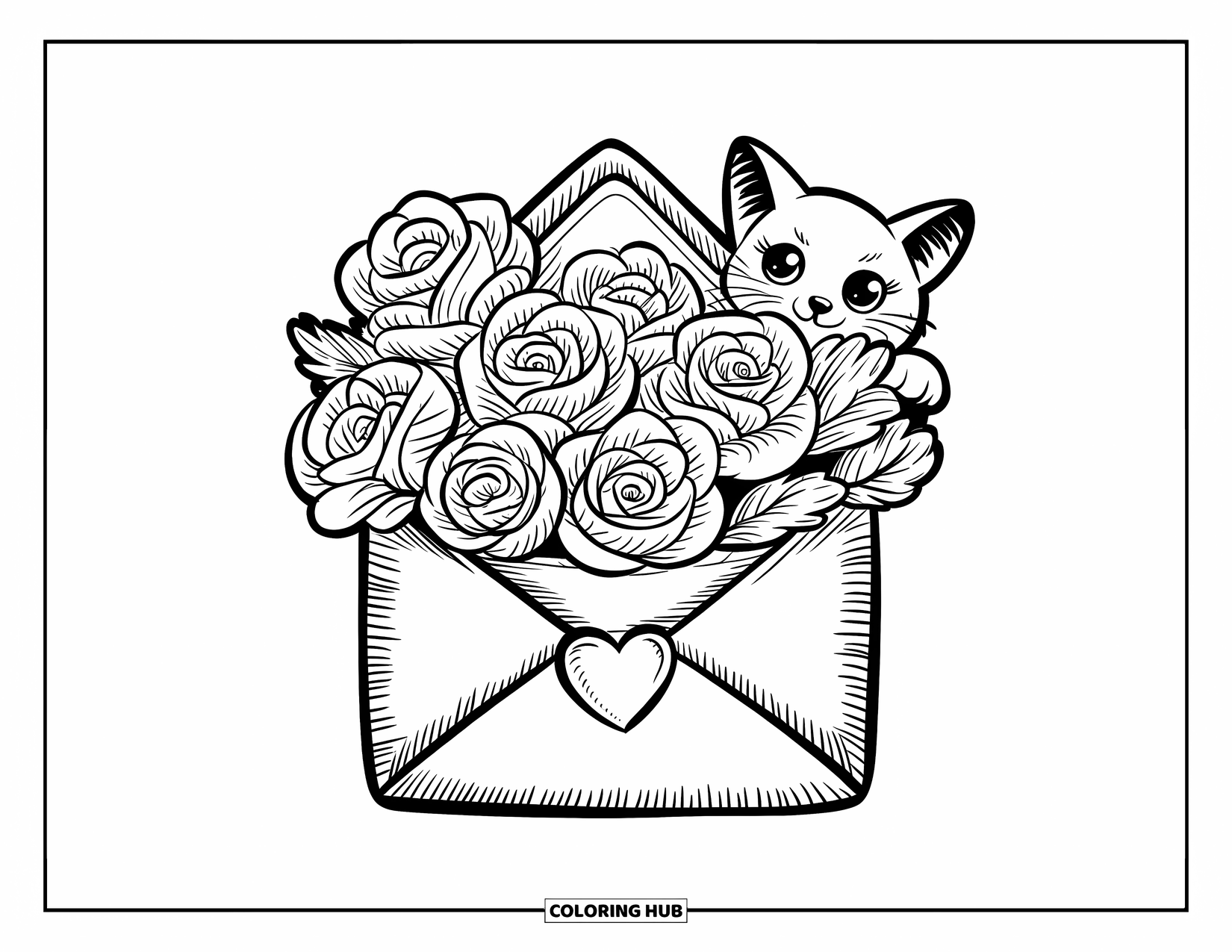 Desen de colorat cu trandafir pentru adulți: Un buchet de trandafiri înfășurat într-un plic, sigilat cu o inimă, și un pisoi jucăuș în apropiere
