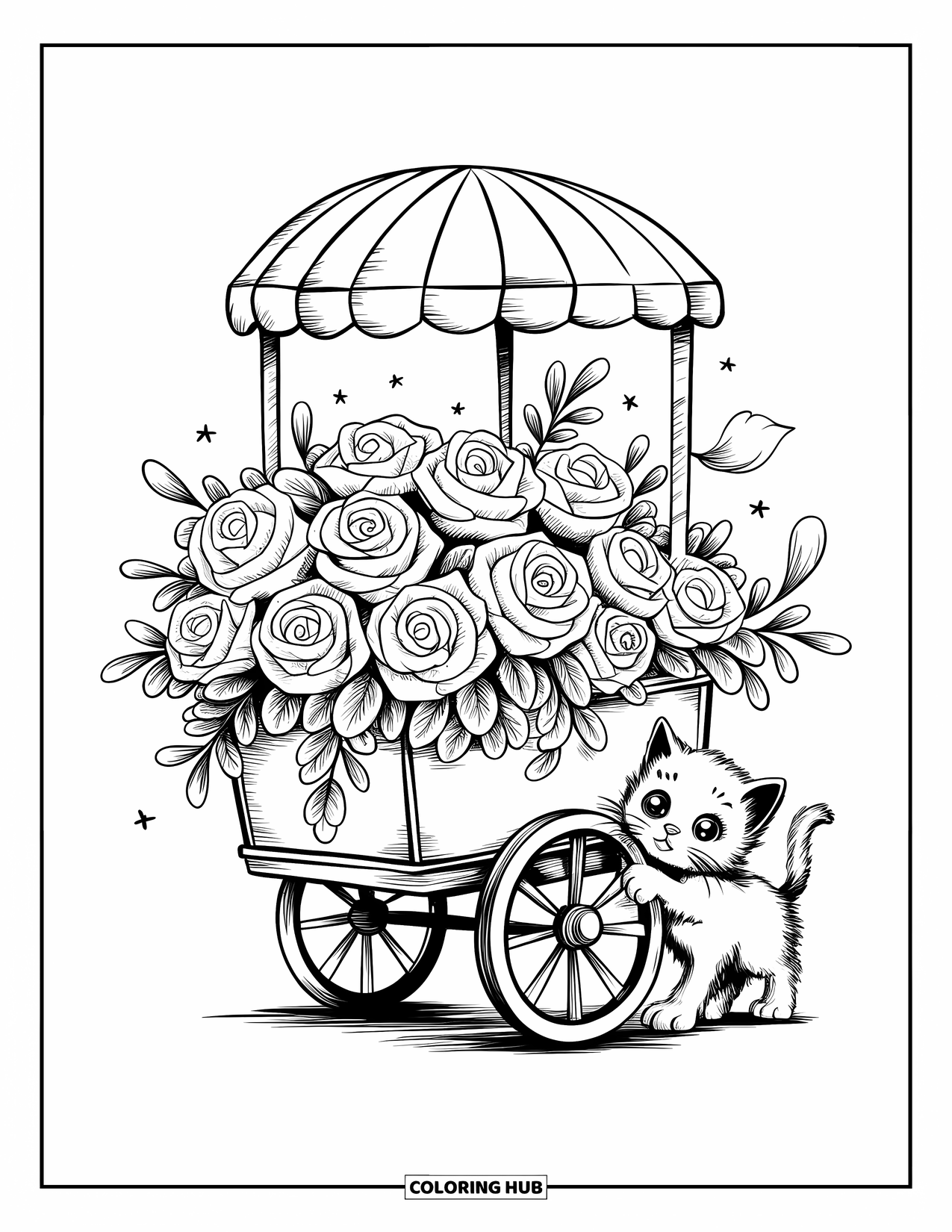 Desen de colorat cu trandafir pentru adulți: Un cărucior în stil bomboane care transportă trandafiri înfășurați în funde mari, cu un pisoi jucându-se lângă el