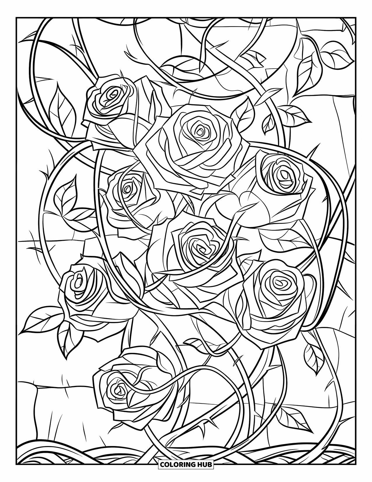 Desen de colorat cu trandafir pentru adulți: Un grup de trandafiri cu vițe împletite, formând un aranjament floral complex