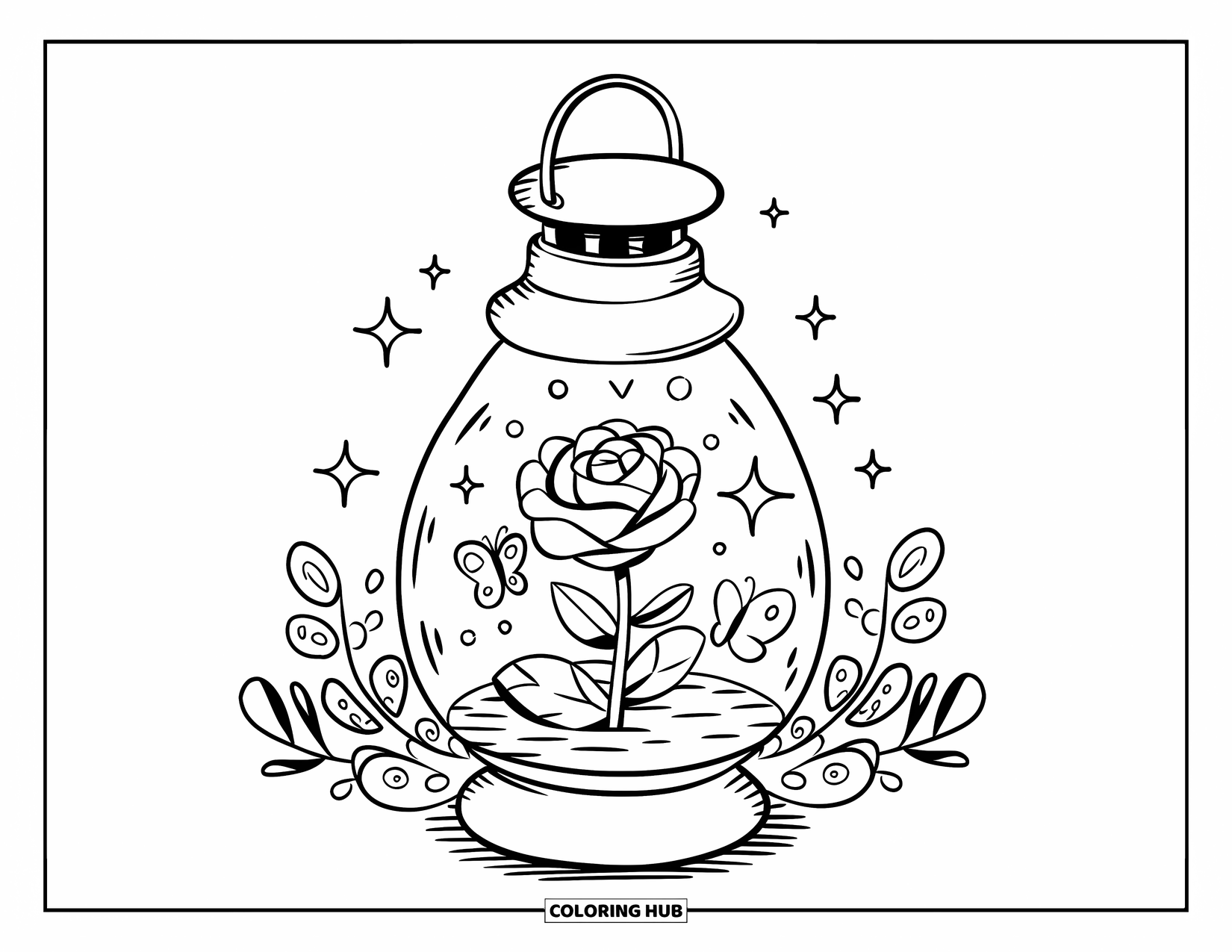 Desen de colorat cu trandafir pentru adulți: Un felinar confortabil cu un trandafir pufos în interior, înconjurat de sclipici și un fluture fluturând
