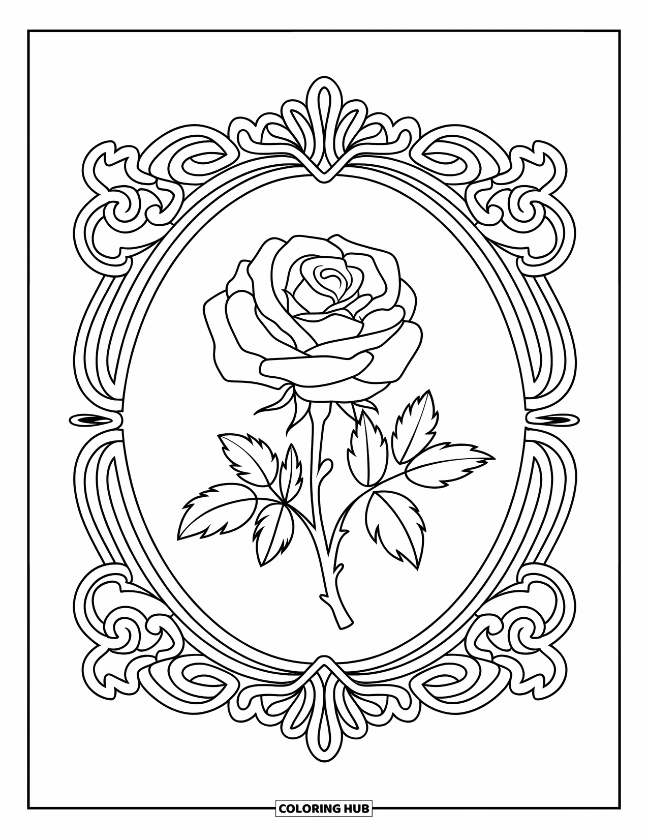 Desen de colorat cu trandafiri pentru adulți: Un trandafir delicat încadrat de un model elegant în stil victorian cu modele ondulate