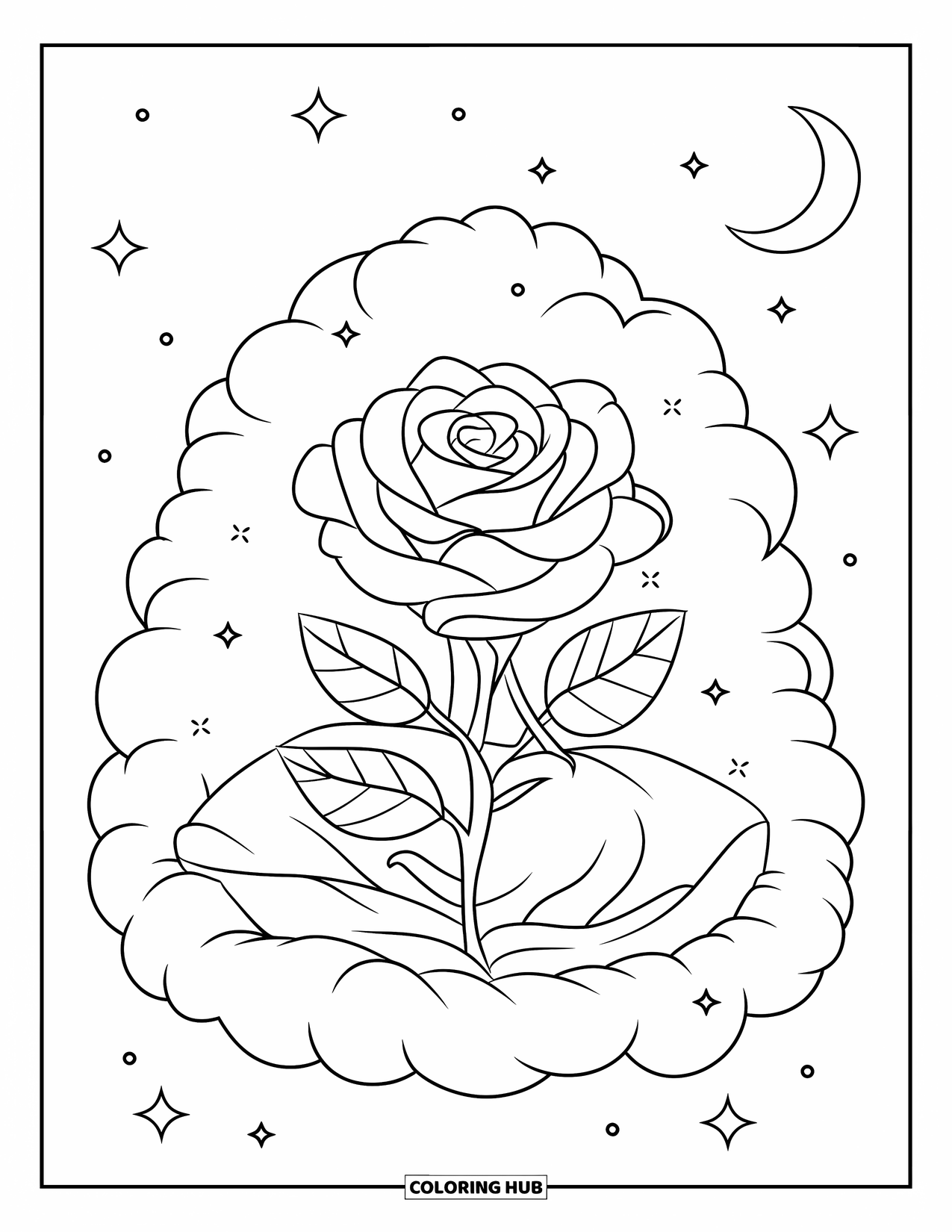 Desen de colorat cu trandafir pentru adulți: Un trandafir delicat cuibărit într-un nor moale, cu sclipici mici plutind în jurul lui