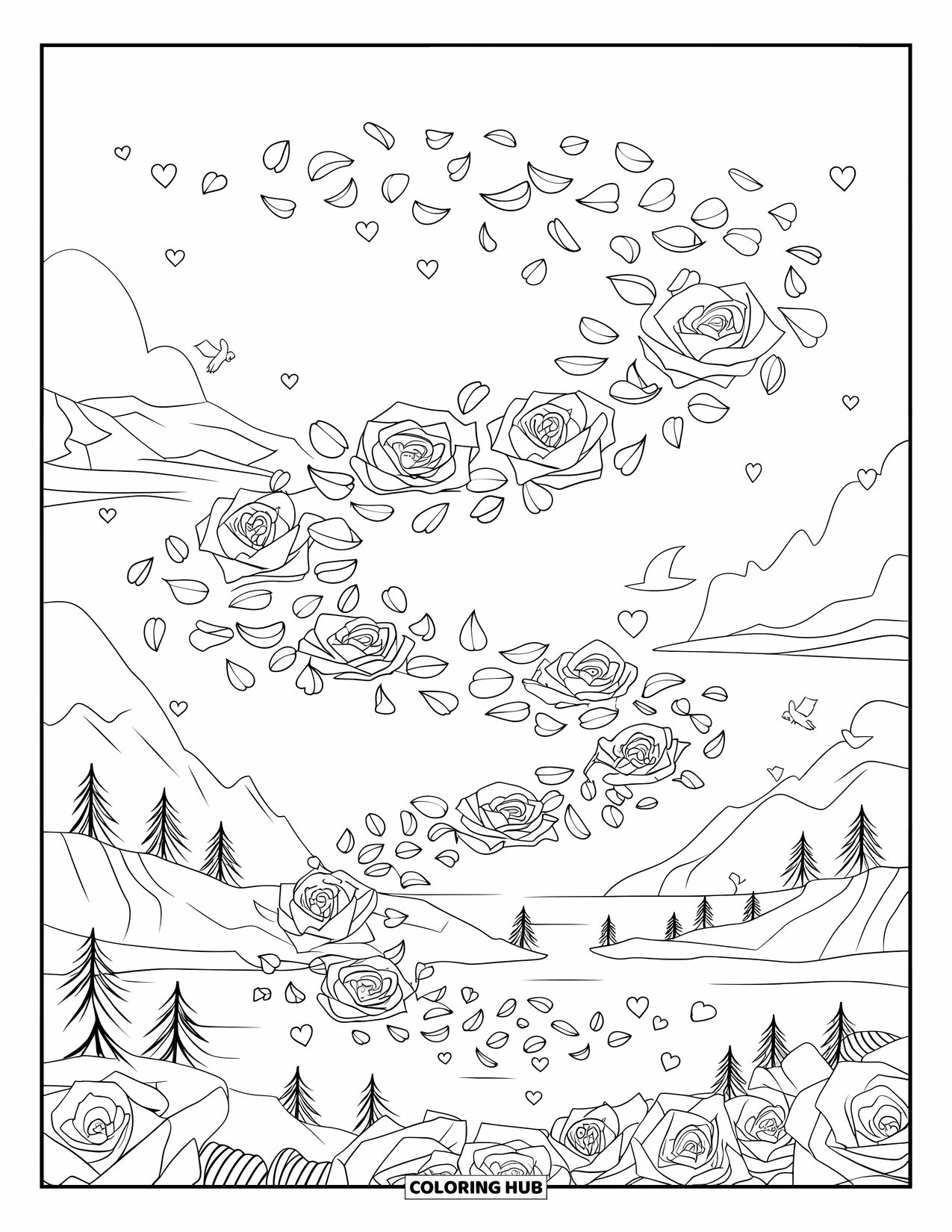 Desen de colorat cu trandafiri pentru adulți: O spirală visătoare de petale de trandafir plutind într-un cadru natural liniștit