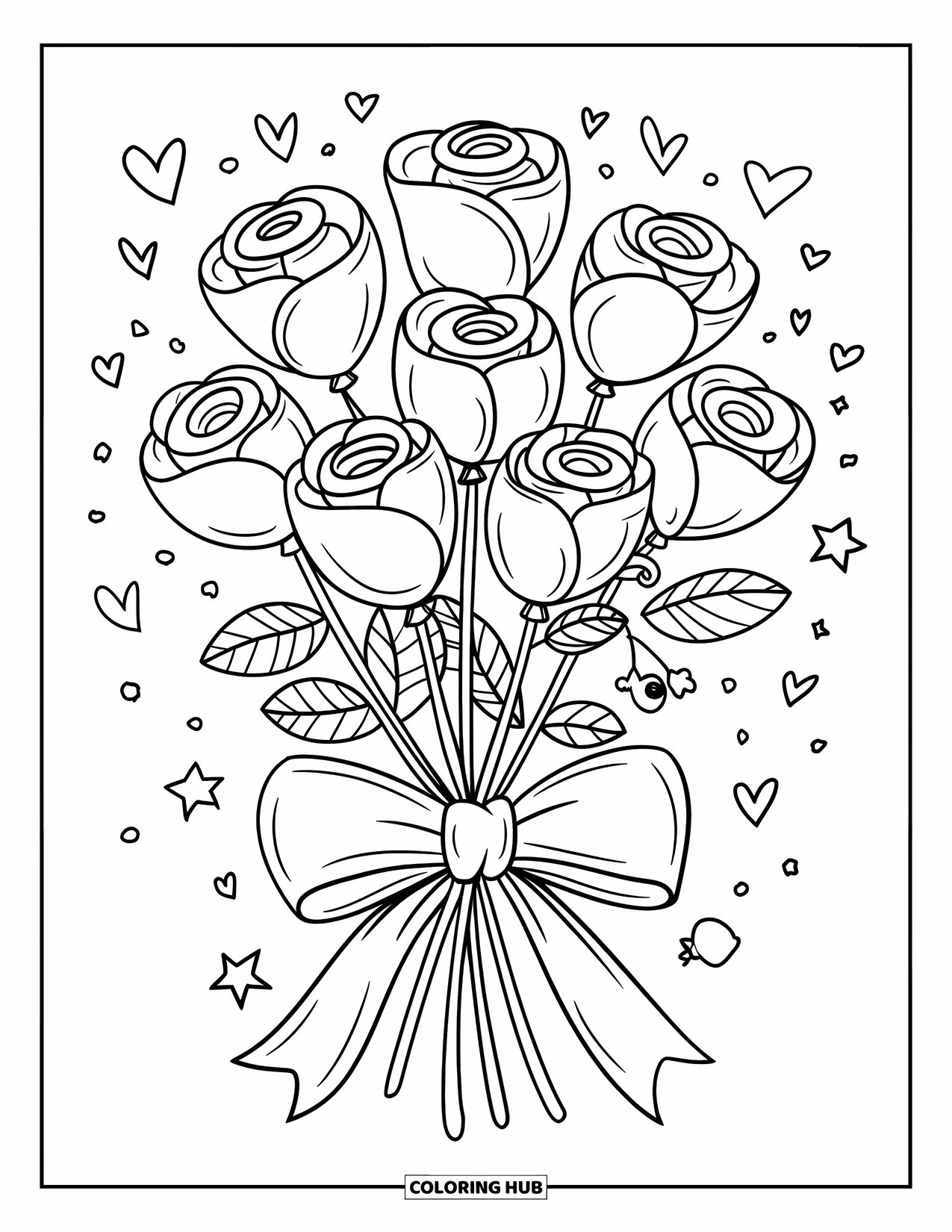 Desen de colorat cu trandafir pentru adulți: Un buchet plutitor de trandafiri din baloane, legat cu o fundă uriașă și înconjurat de stele
