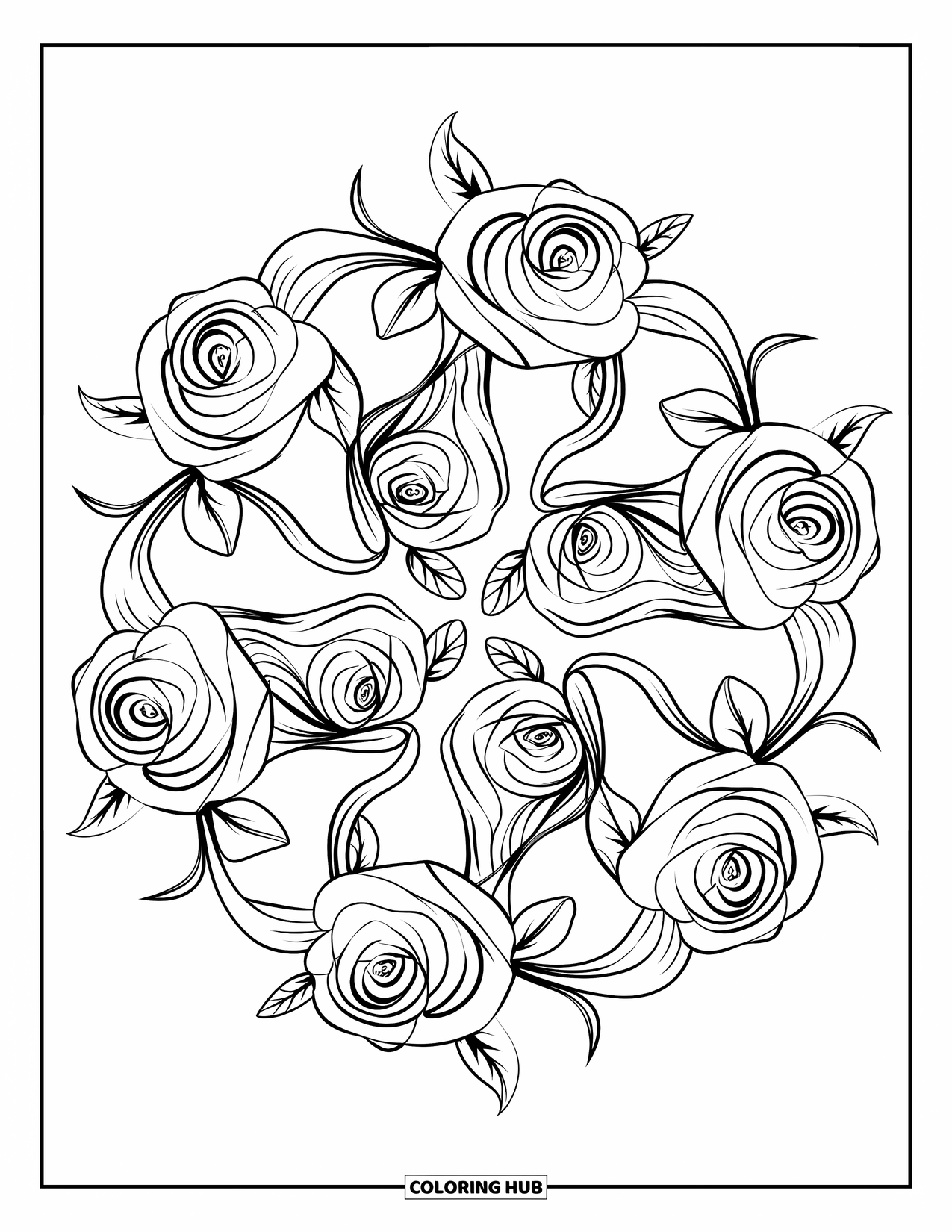 Desen de colorat cu trandafiri pentru adulți: O mandala florală cu trandafiri și frunze, formând un model circular echilibrat