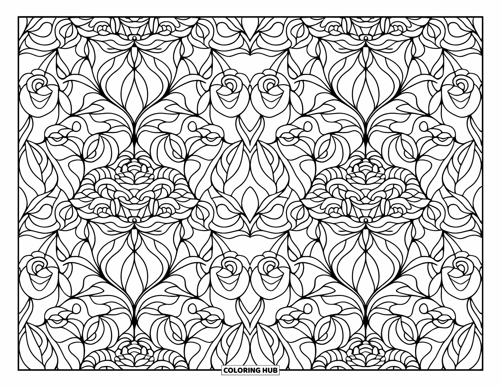 Desen de colorat cu trandafiri pentru adulți: O tapiserie florală de trandafiri și frunze, aranjate într-un model stratificat repetat