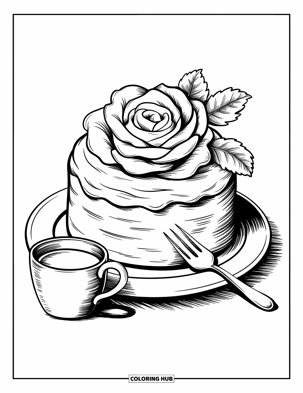 Desen de colorat cu trandafir pentru adulți: Un tort pufos cu trandafir și glazură moale, servit cu lapte cald și o furculiță mică