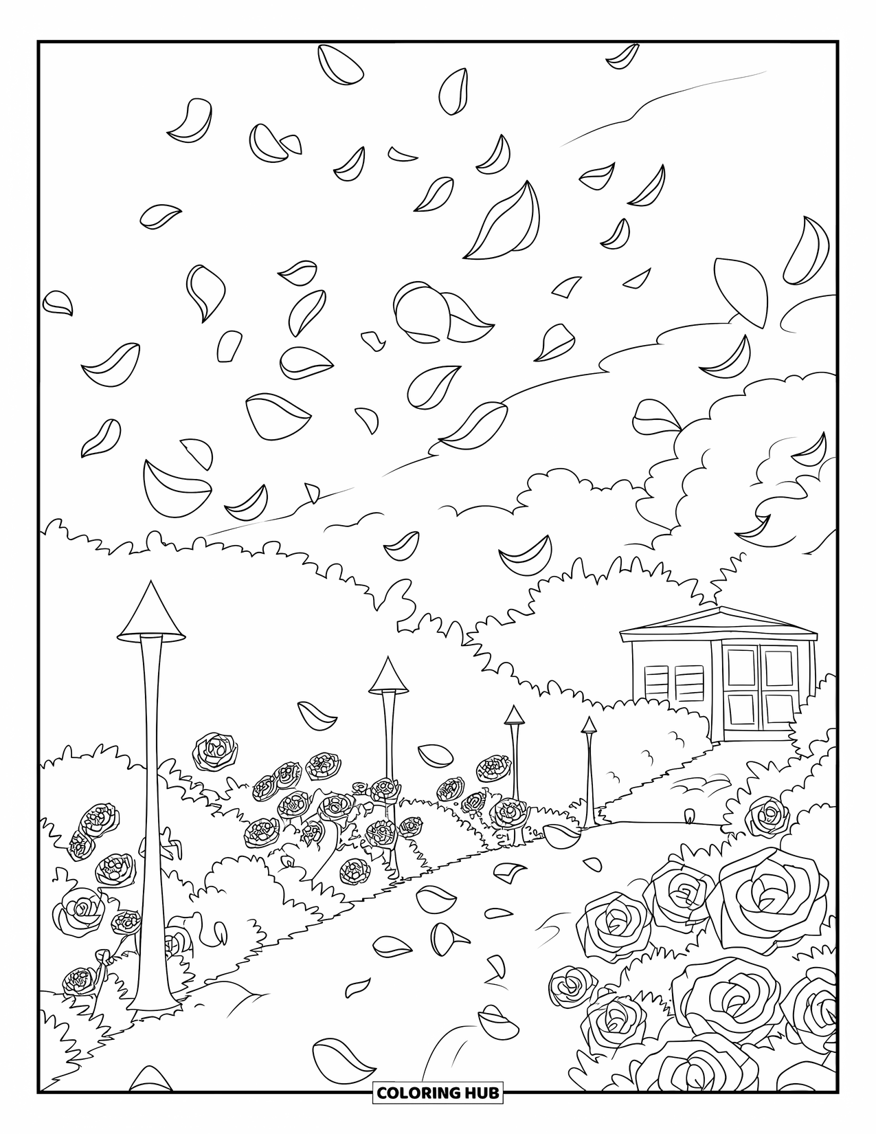 Desen de colorat cu trandafir pentru adulți: O potecă de grădină cu petale de trandafir plutind prin aer într-un cadru pașnic