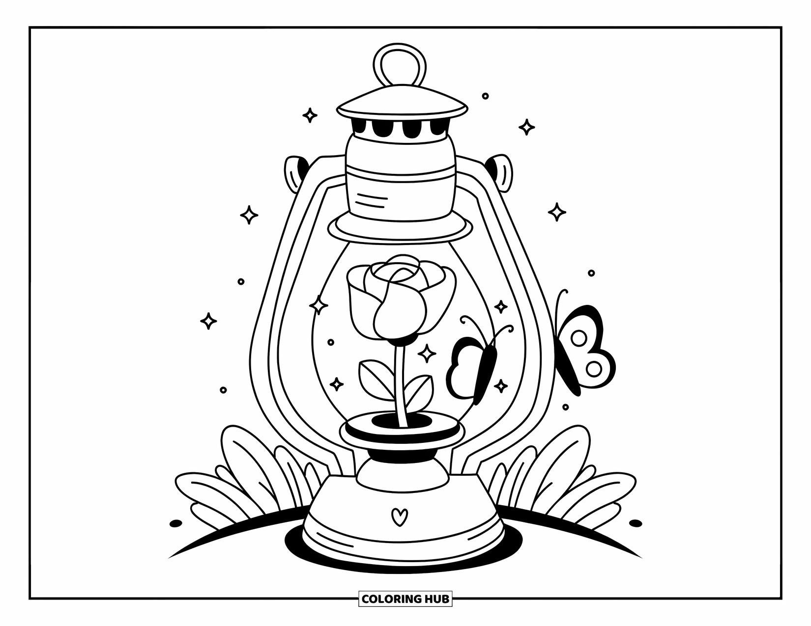 Desen de colorat cu trandafir pentru adulți: Un felinar strălucitor cu un trandafir pufos în interior, cu un fluture uitându-se lângă intrare