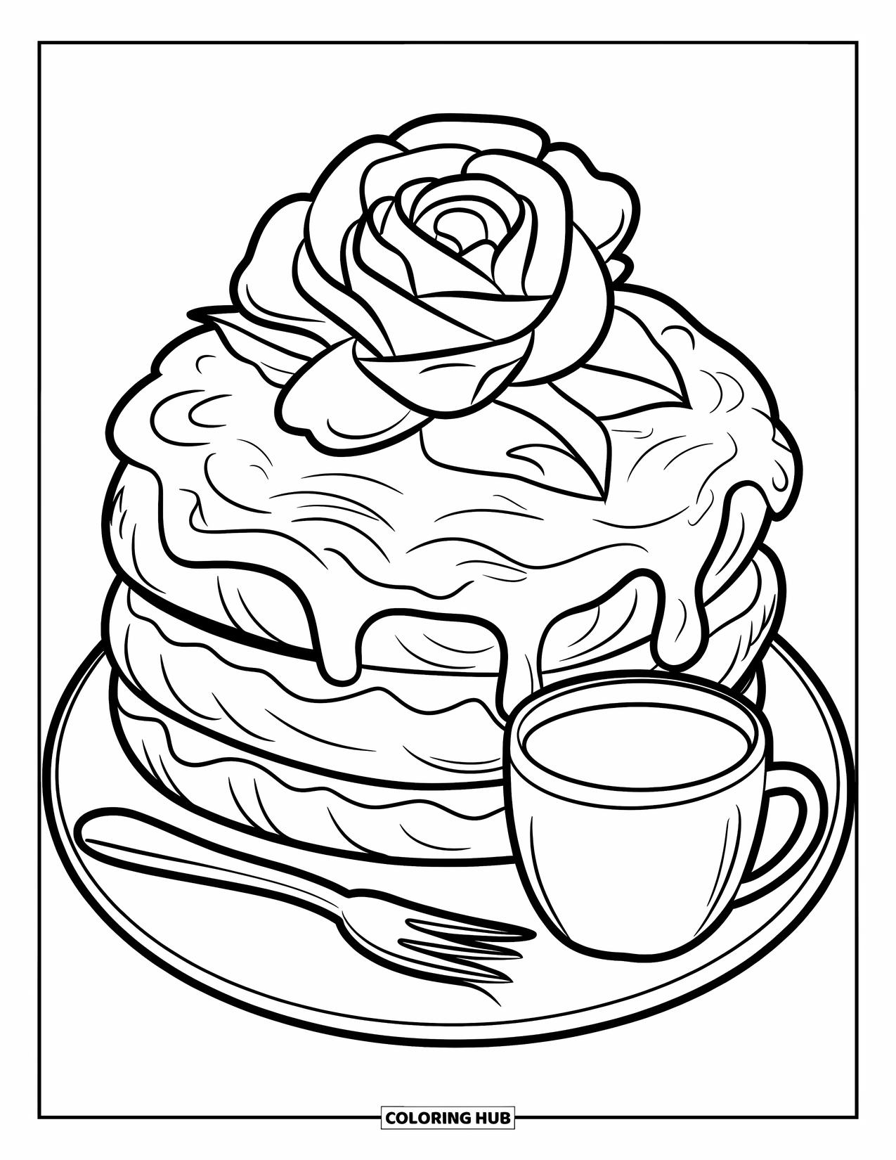 Desen de colorat cu trandafir pentru adulți: Un tort în stil kawaii cu un trandafir pufos, lapte cald și o furculiță mică lângă el