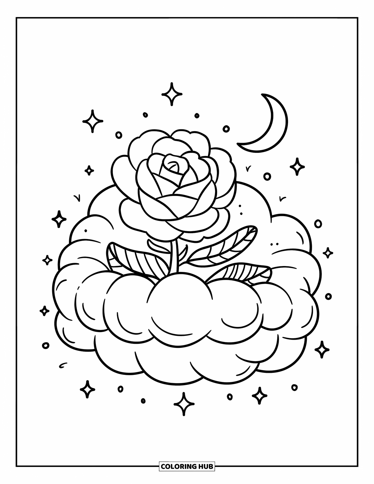 Desen de colorat cu trandafir pentru adulți: Un trandafir în stil kawaii ascuns într-un nor mic, cu sclipici și o lună strălucitoare