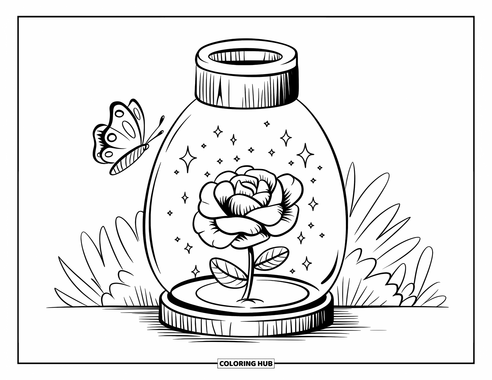 Desen de colorat cu trandafir pentru adulți: Un felinar așezat pe o bază de lemn, ținând un trandafir pufos și înconjurat de sclipici