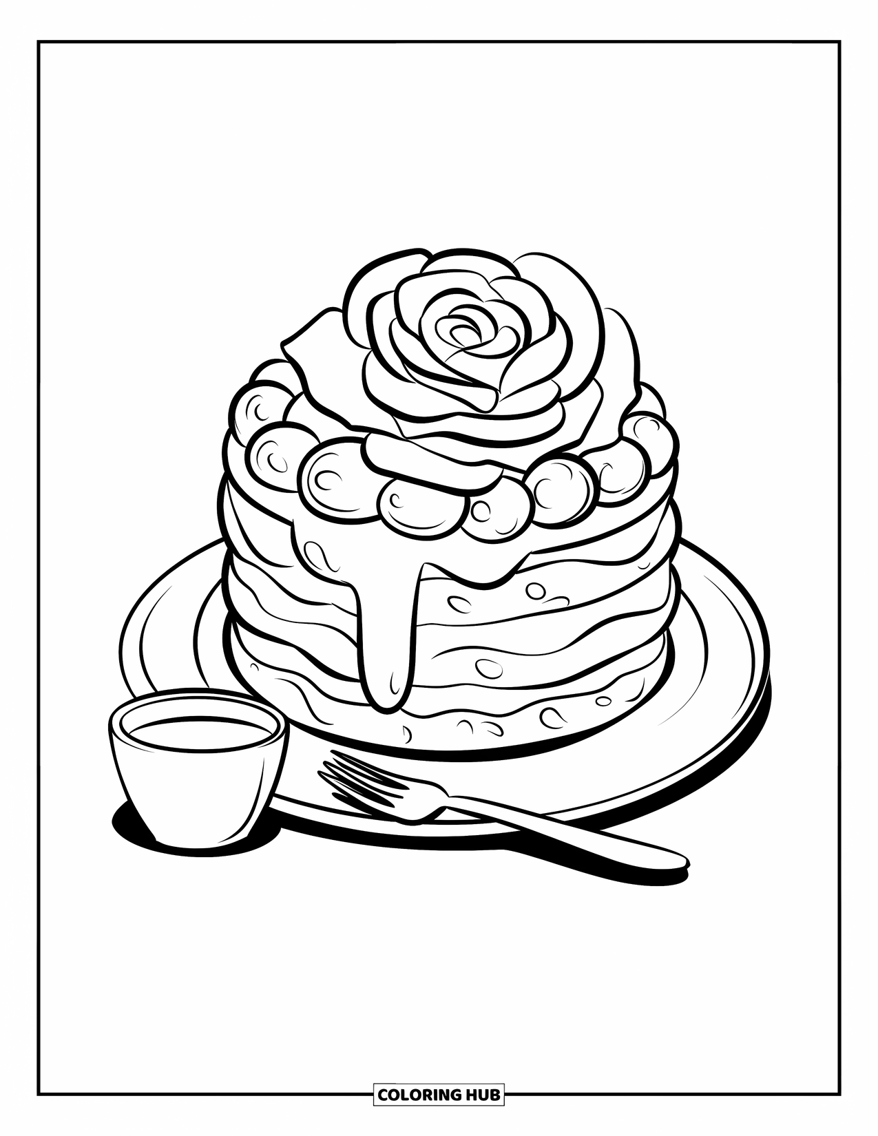 Desen de colorat cu trandafir pentru adulți: Un tort stratificat cu un trandafir pufos deasupra, așezat lângă o ceașcă de lapte cald