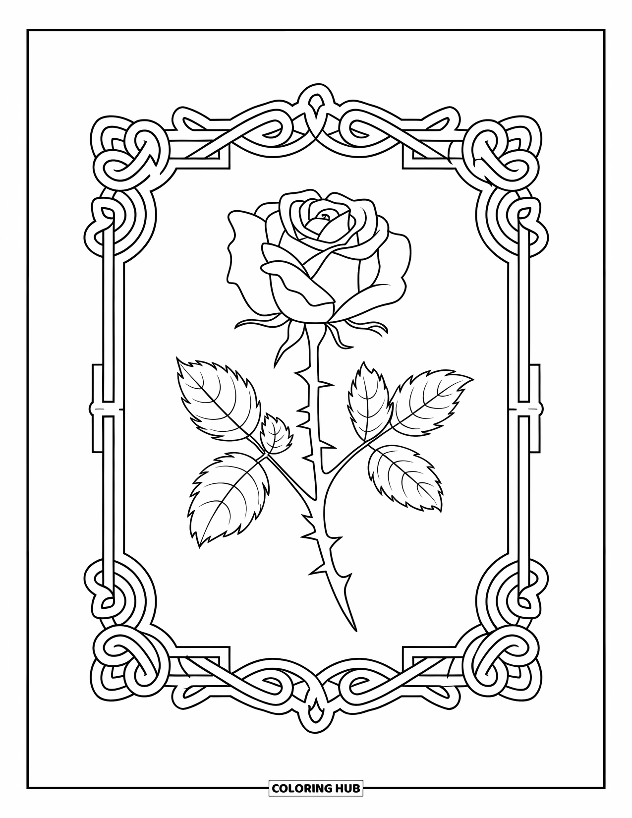Desen de colorat cu trandafiri pentru adulți: Un singur trandafir închis într-un cadru ornamentat în stil victorian, cu detalii complicate
