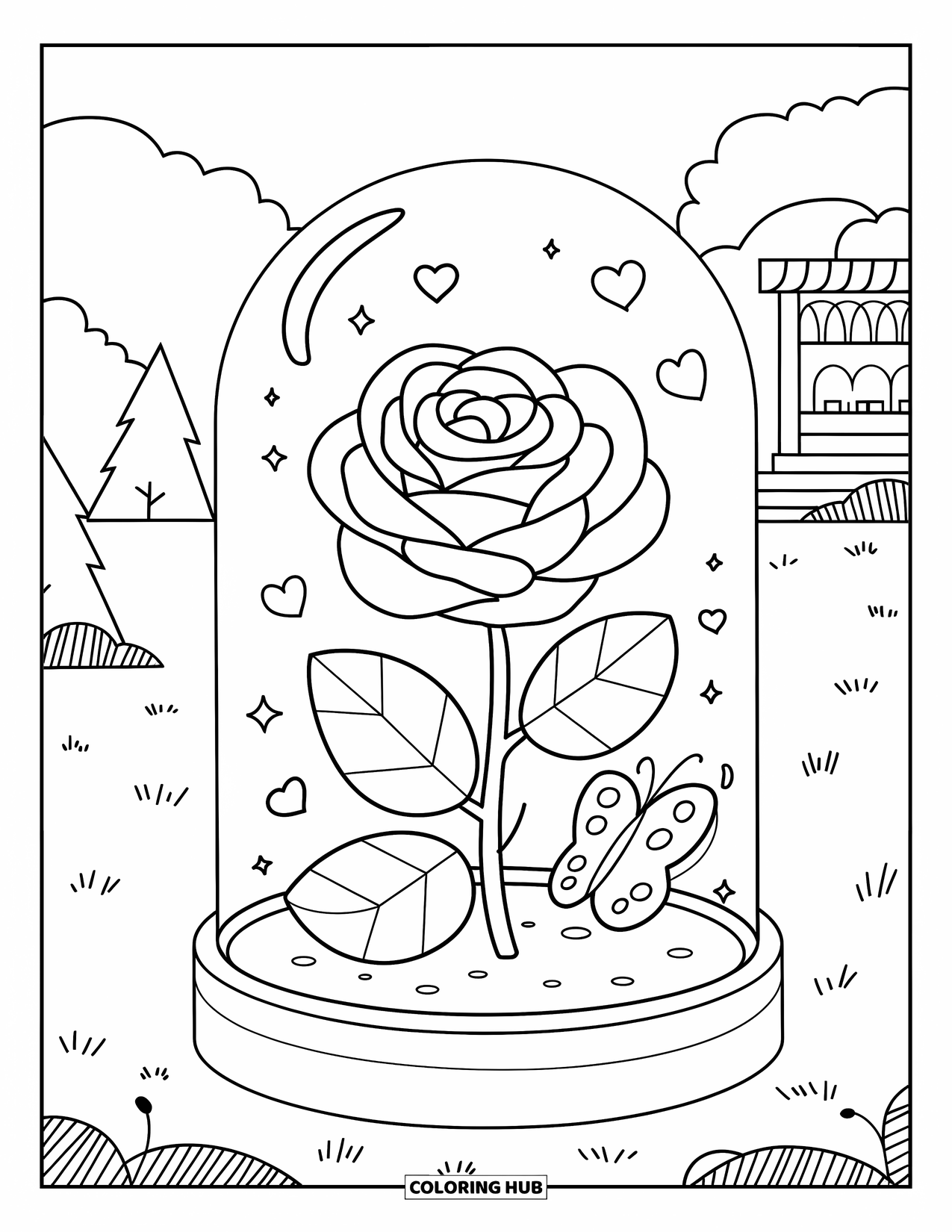 Desen de colorat cu trandafir pentru adulți: Un trandafir mic într-o cupolă, cu un fluture afară și sclipici în formă de inimă plutind în jur
