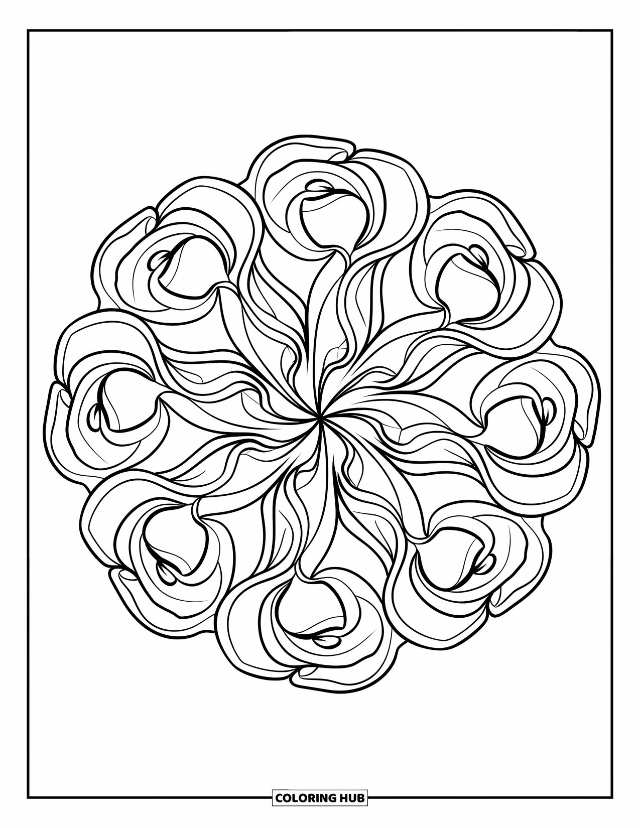 Desen de colorat cu trandafiri pentru adulți: O mandala vârtej cu mai mulți trandafiri, aranjați într-un design floral simetric