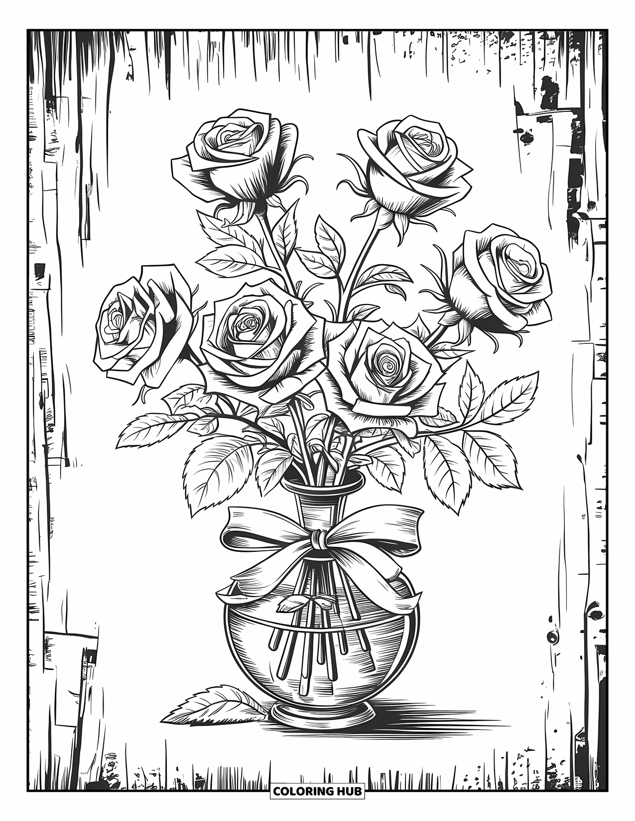 Desen de colorat cu trandafiri pentru adulți: Un buchet spinos de trandafiri înfășurat în panglică și așezat într-o vază decorativă