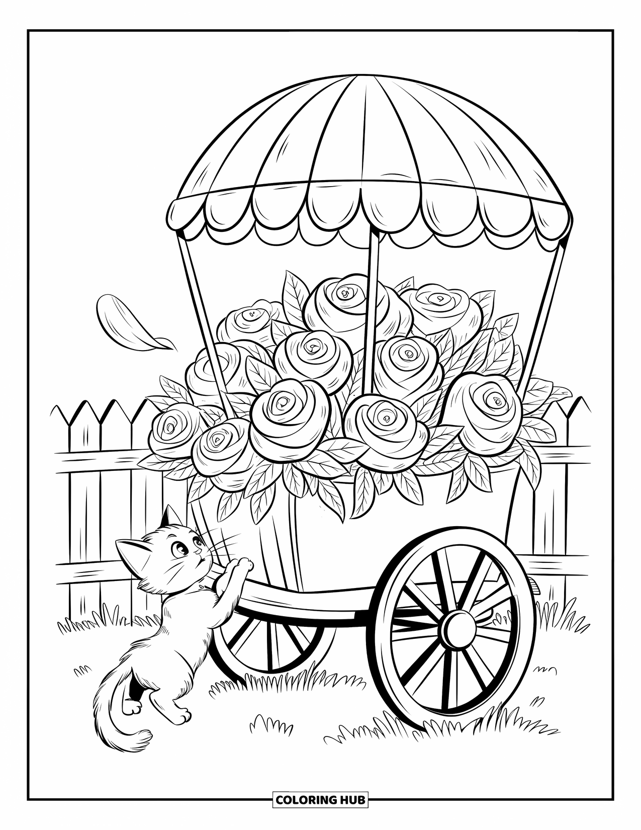 Desen de colorat cu trandafir pentru adulți: Un cărucior mic plin cu trandafiri și funde, în timp ce un pisoi curios atinge cu lăbuța roata