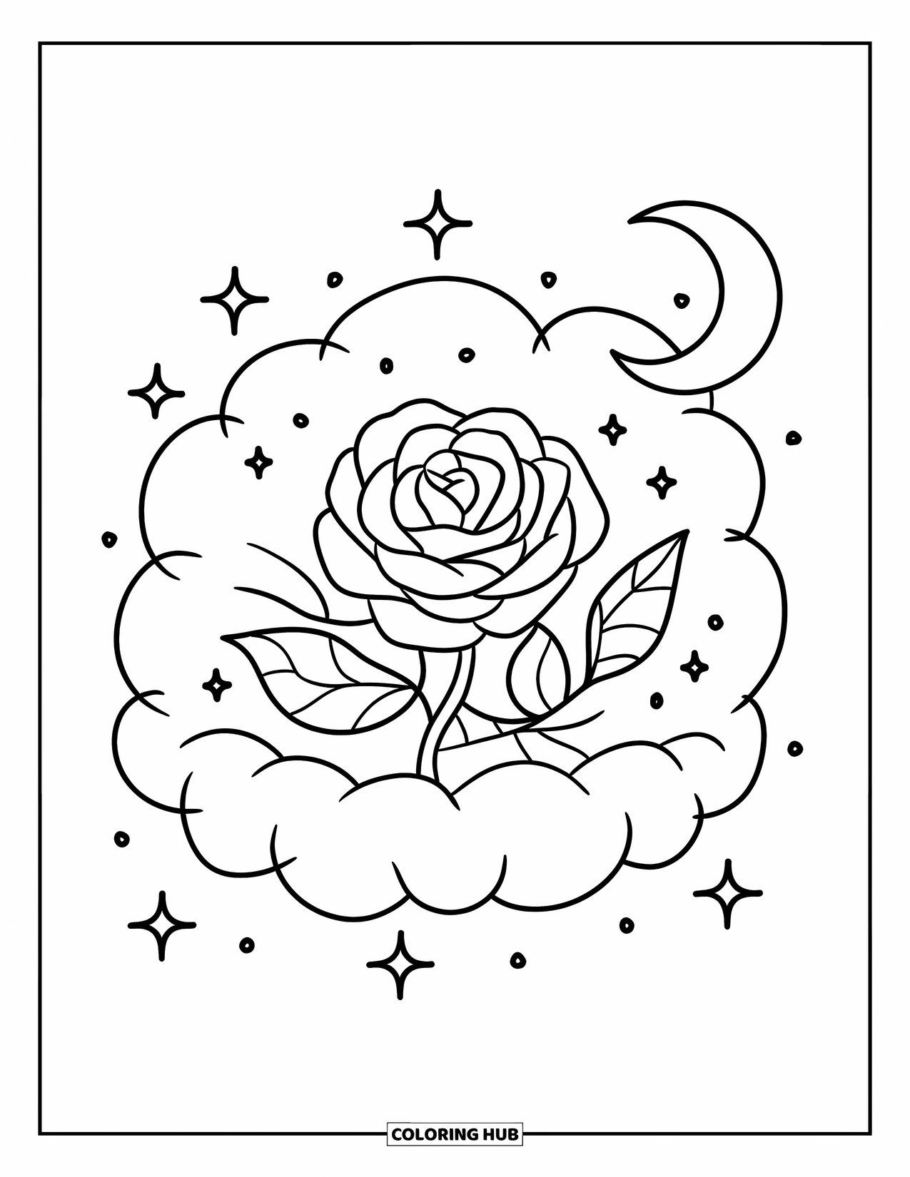 Desen de colorat cu trandafir pentru adulți: Un trandafir mic ghemuit într-un nor pufos, înconjurat de sclipici și o semilună