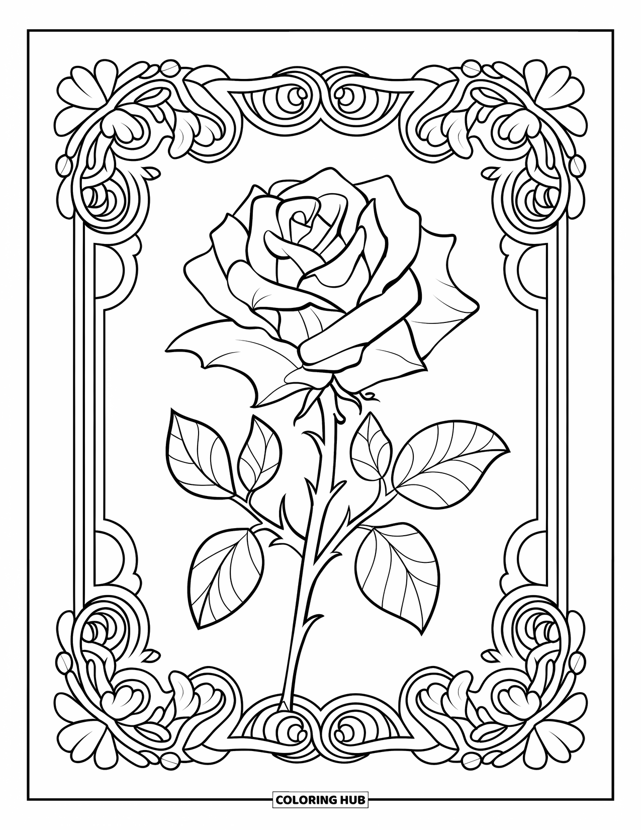 Desen de colorat cu trandafiri pentru adulți: Un cadru de inspirație victoriană care înconjoară un trandafir detaliat cu contururi îndrăznețe