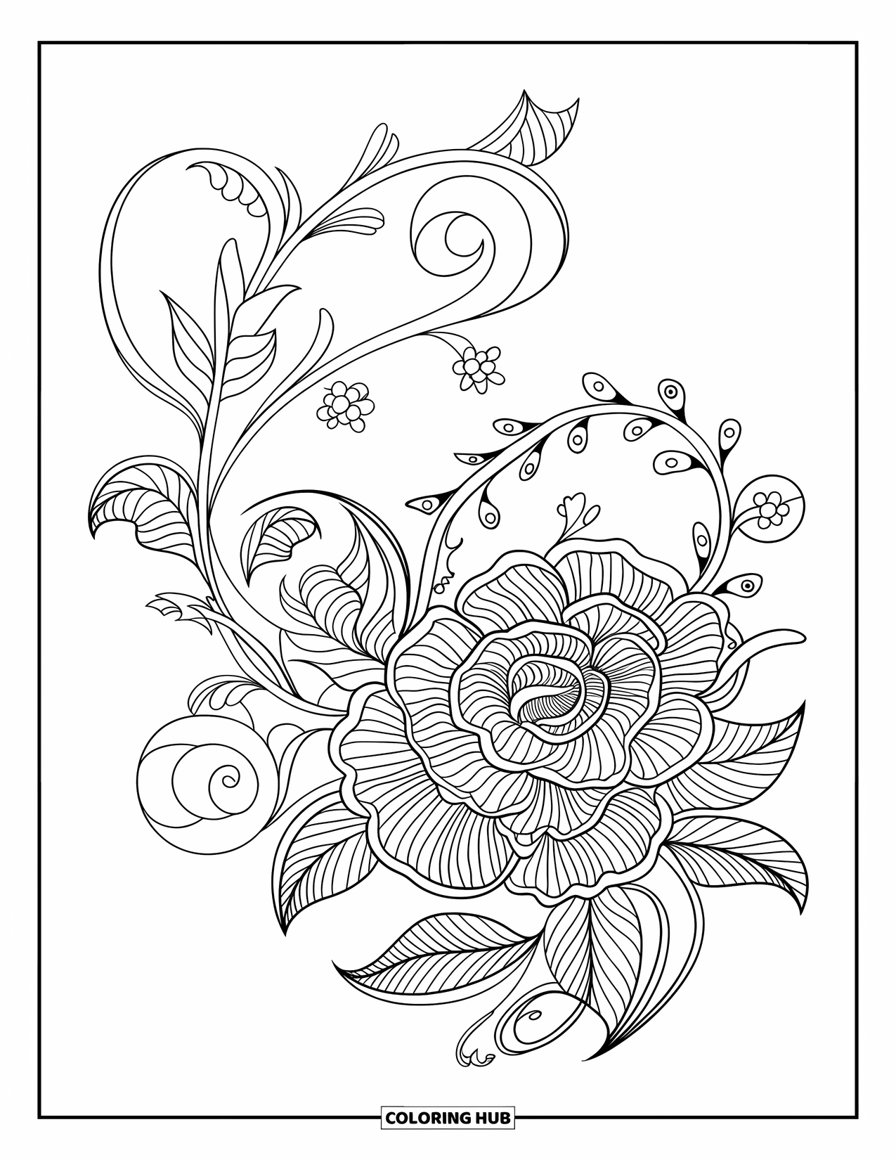 Desen de colorat cu trandafiri pentru adulți: Un trandafir complex în stil dantelă, înconjurat de vârtejuri elegante și elemente florale