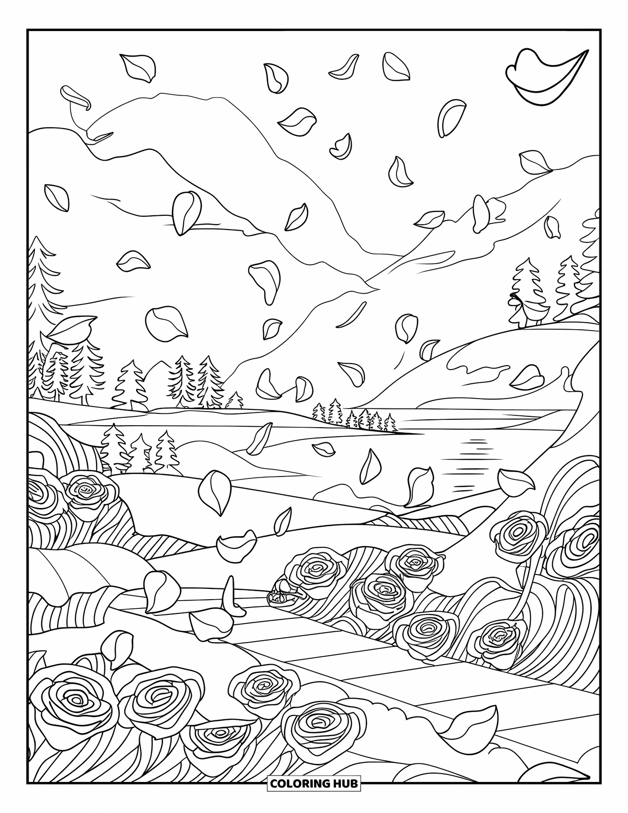 Desen de colorat cu trandafiri pentru adulți: Petale de trandafir plutitoare purtate de vânt pe un fundal cu un peisaj montan senin